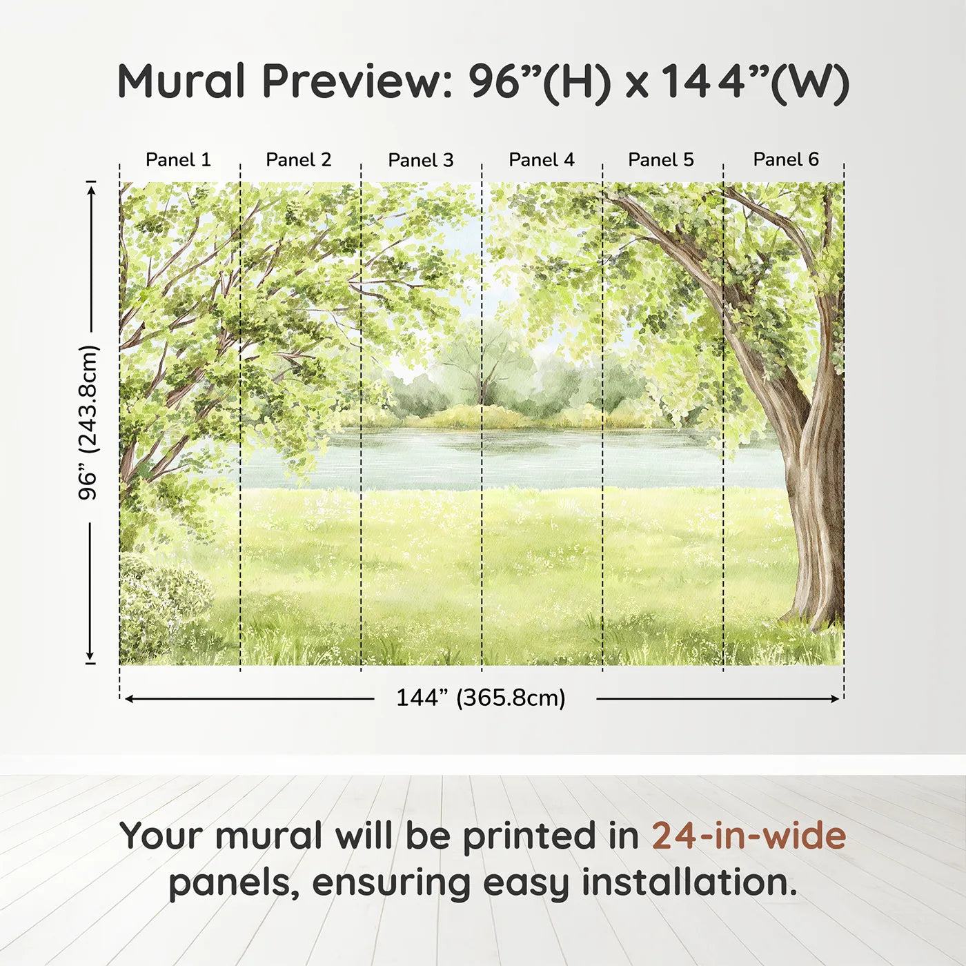 Whimsy Tots Summer Riverbank Wall Muraldimension view (96" H x 144" W). Printed in six 24-inch-wide panels. Gender-Neutral