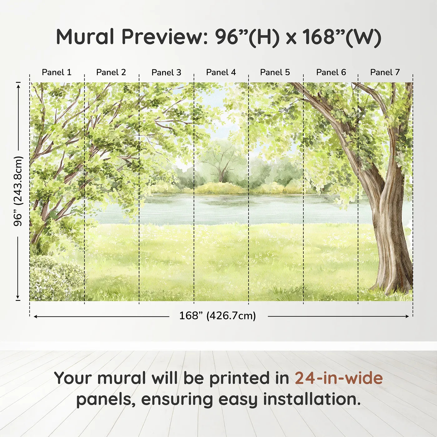 Whimsy Tots Summer Riverbank Wall Muraldimension view (96" H x 168" W). Printed in seven 24-inch-wide panels. Gender-Neutral