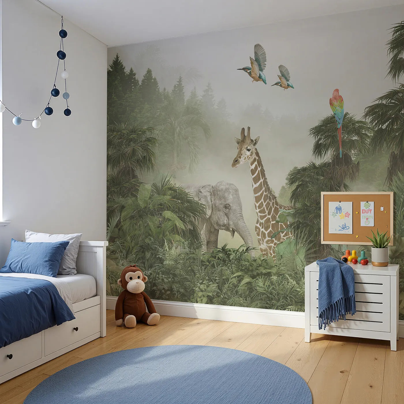 Angled view of Whimsy Tots' Misty Jungle Giants Wall Mural (Turn Their Room into a Majestic, Foggy Safari).Gender-Neutral