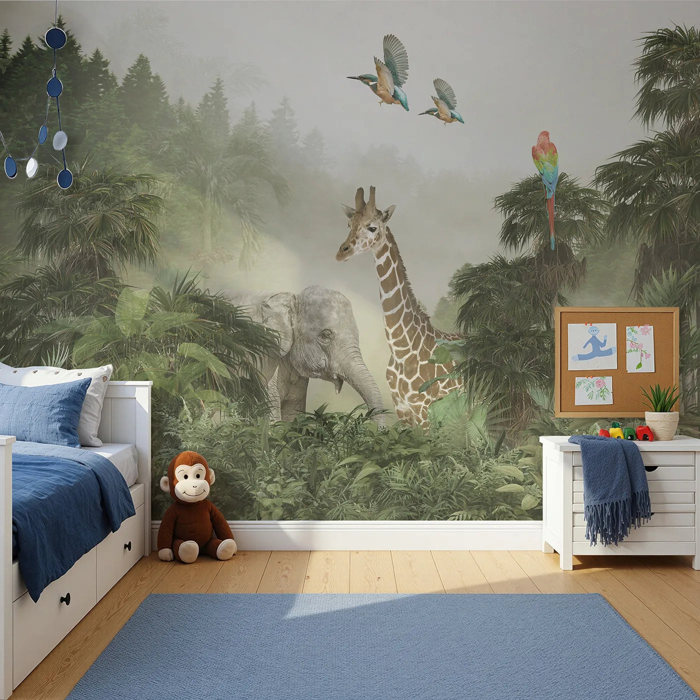 Front view of Whimsy Tots' Misty Jungle Giants Wall Mural