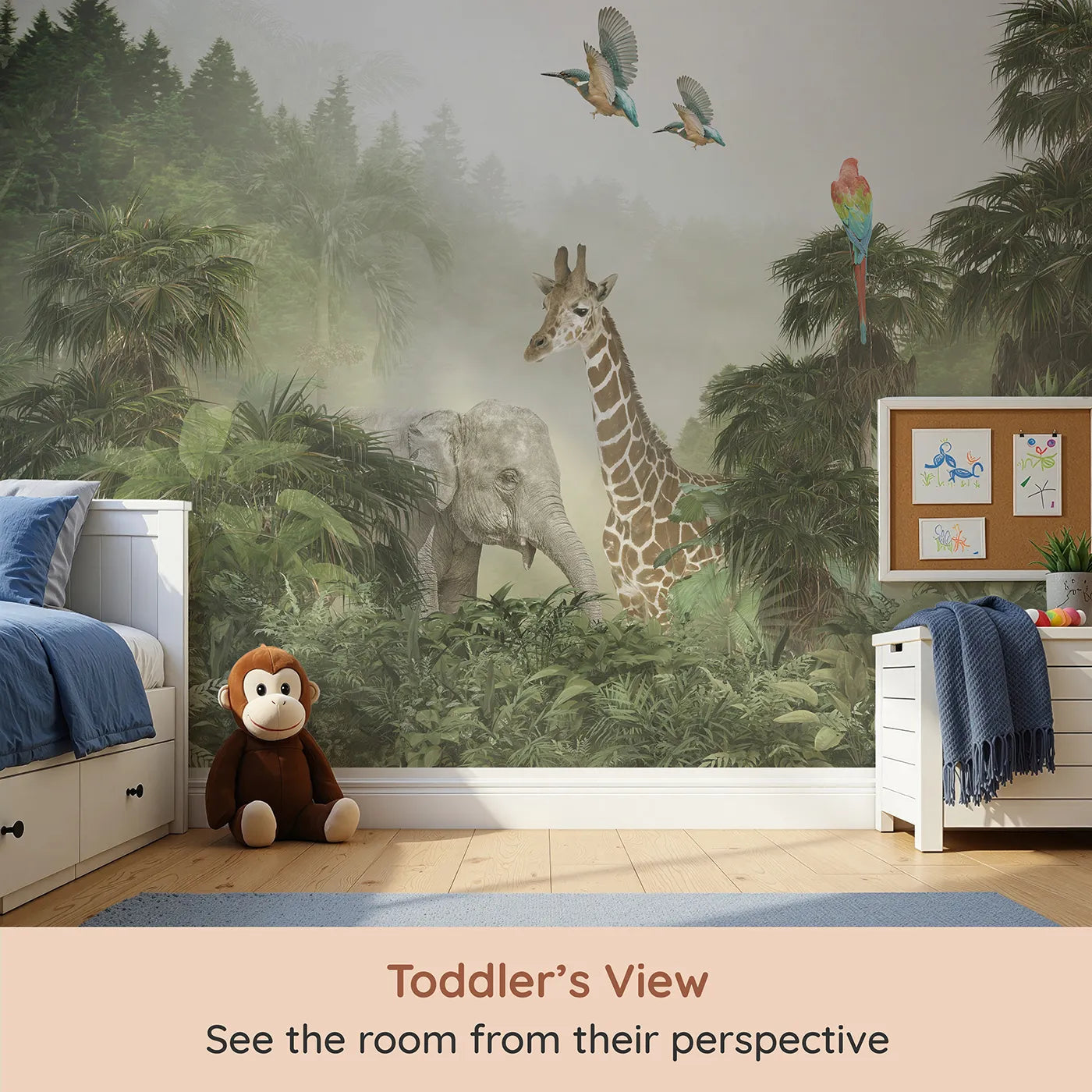 Whimsy Tots Misty Jungle Giants Wall Mural (Turn Their Room into a Majestic, Foggy Safari) from your child's view.Gender-Neutral