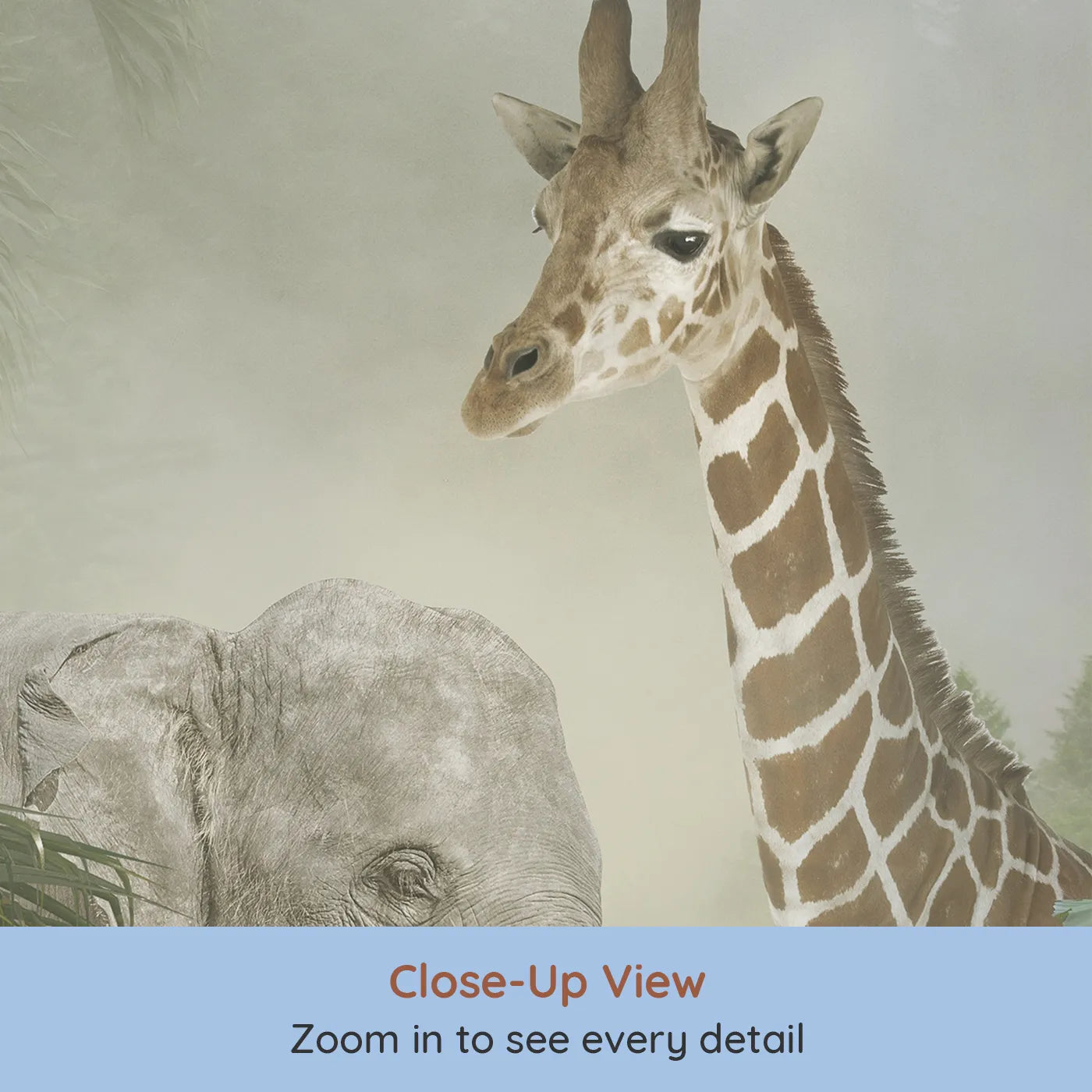 Close-up view of Whimsy Tots' Misty Jungle Giants Wall Mural (Turn Their Room into a Majestic, Foggy Safari).Gender-Neutral