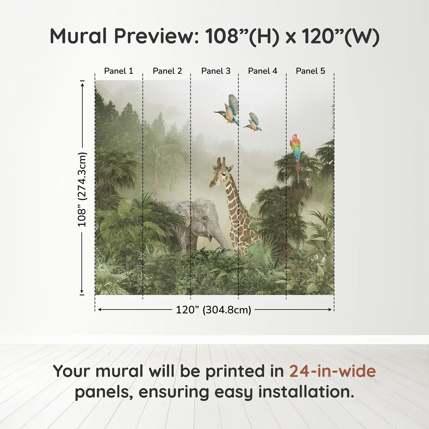 Whimsy Tots Misty Jungle Giants Wall Muraldimension view (108" H x 120" W). Printed in five 24-inch-wide panels. Gender-Neutral