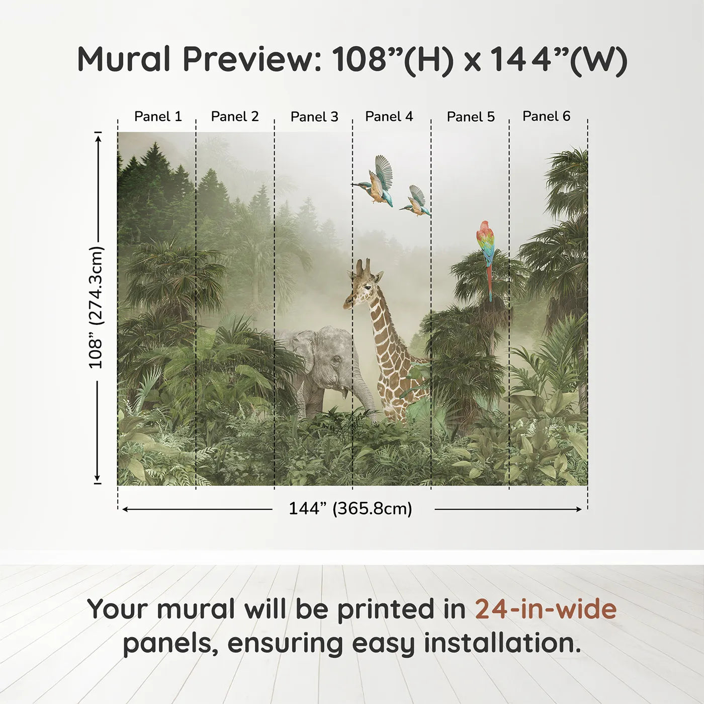 Whimsy Tots Misty Jungle Giants Wall Muraldimension view (108" H x 144" W). Printed in six 24-inch-wide panels. Gender-Neutral