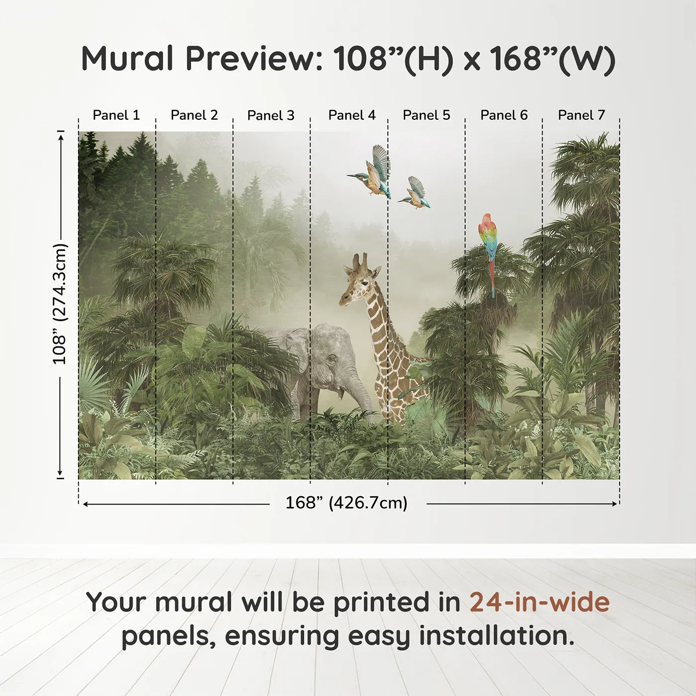 Whimsy Tots Misty Jungle Giants Wall Muraldimension view (108" H x 168" W). Printed in seven 24-inch-wide panels. Gender-Neutral