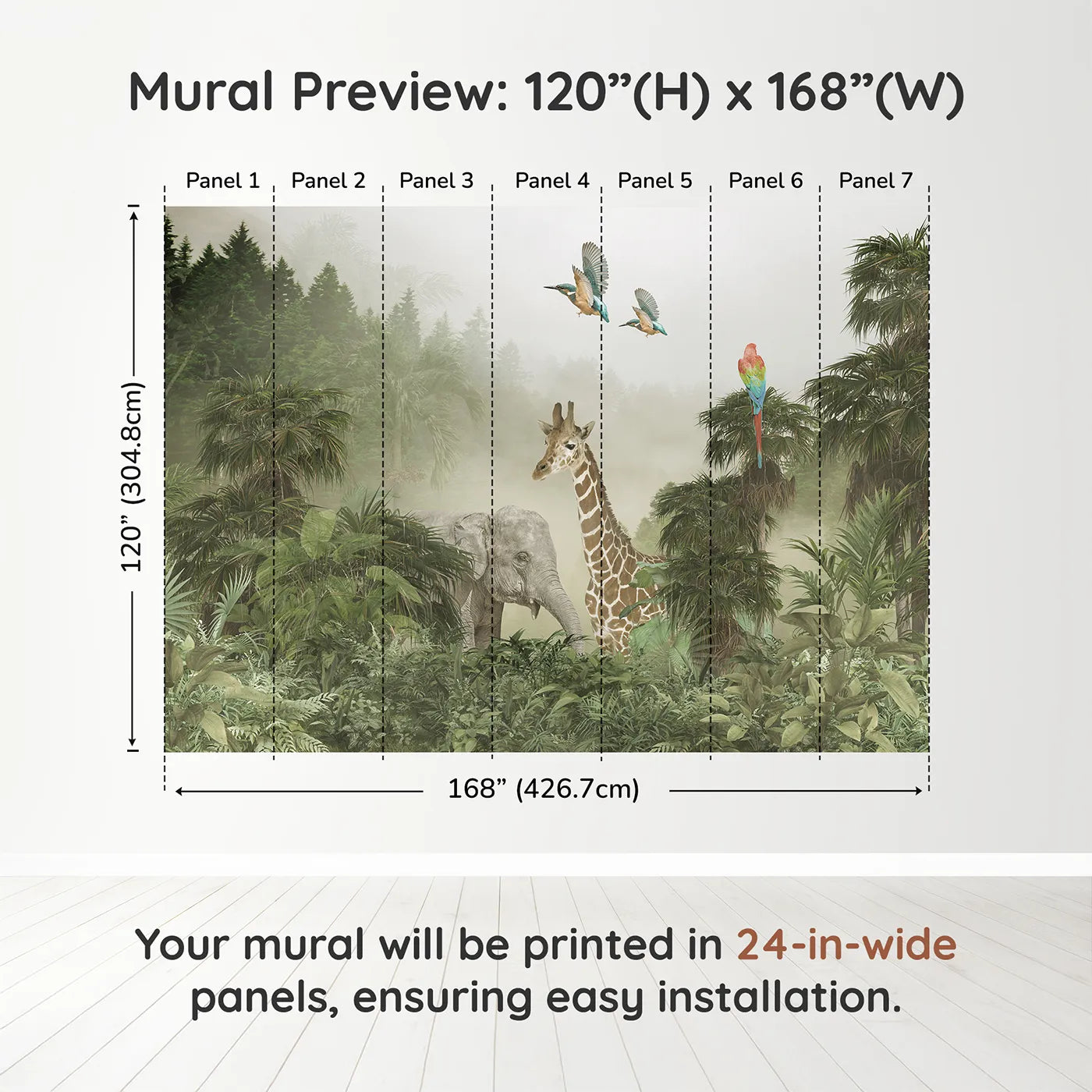 Whimsy Tots Misty Jungle Giants Wall Muraldimension view (120" H x 168" W). Printed in seven 24-inch-wide panels. Gender-Neutral
