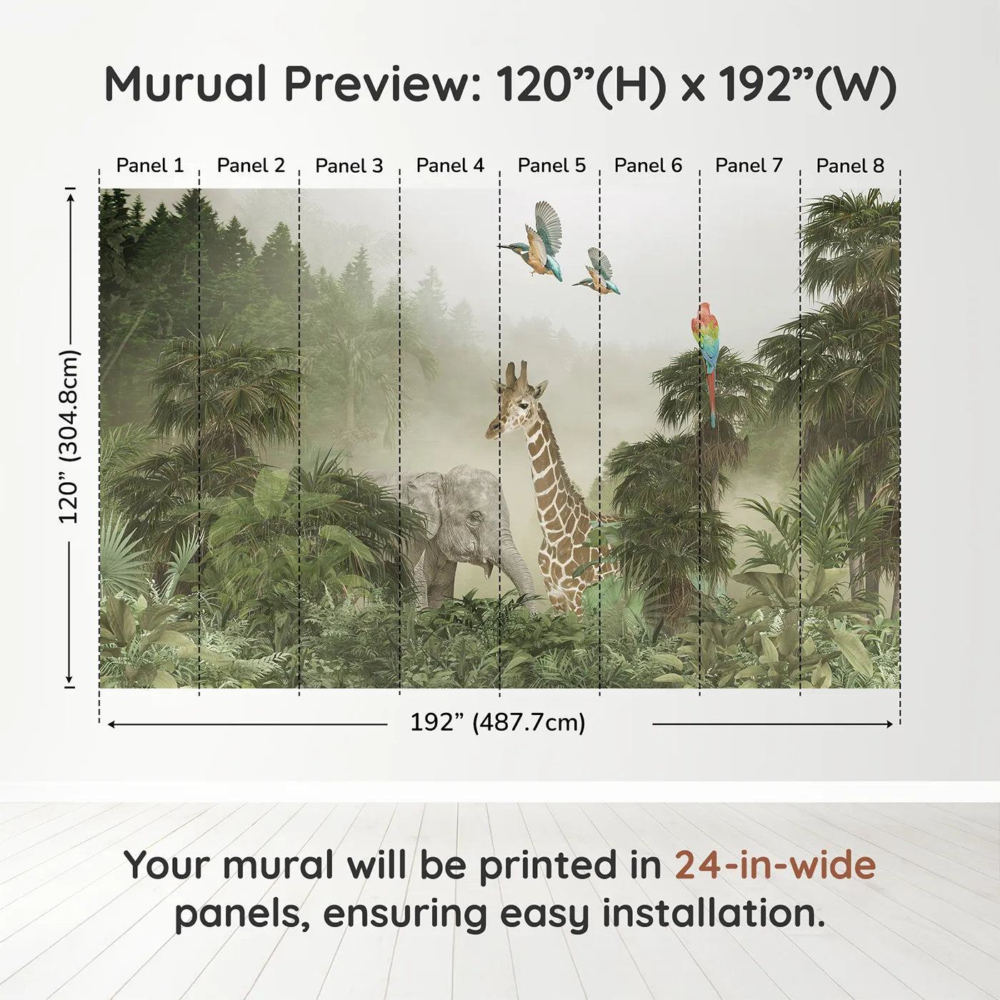 Whimsy Tots Misty Jungle Giants Wall Muraldimension view (120" H x 192" W). Printed in eight 24-inch-wide panels. Gender-Neutral