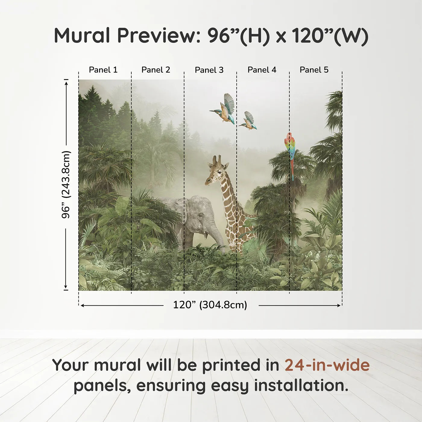 Whimsy Tots Misty Jungle Giants Wall Muraldimension view (96" H x 120" W). Printed in five 24-inch-wide panels. Gender-Neutral