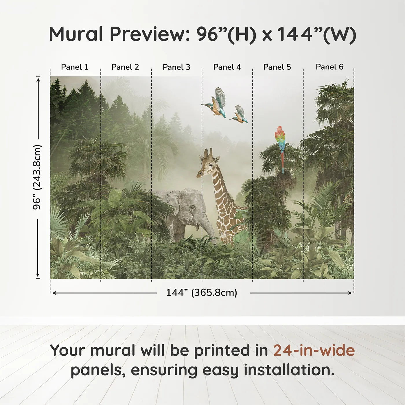 Whimsy Tots Misty Jungle Giants Wall Muraldimension view (96" H x 144" W). Printed in six 24-inch-wide panels. Gender-Neutral