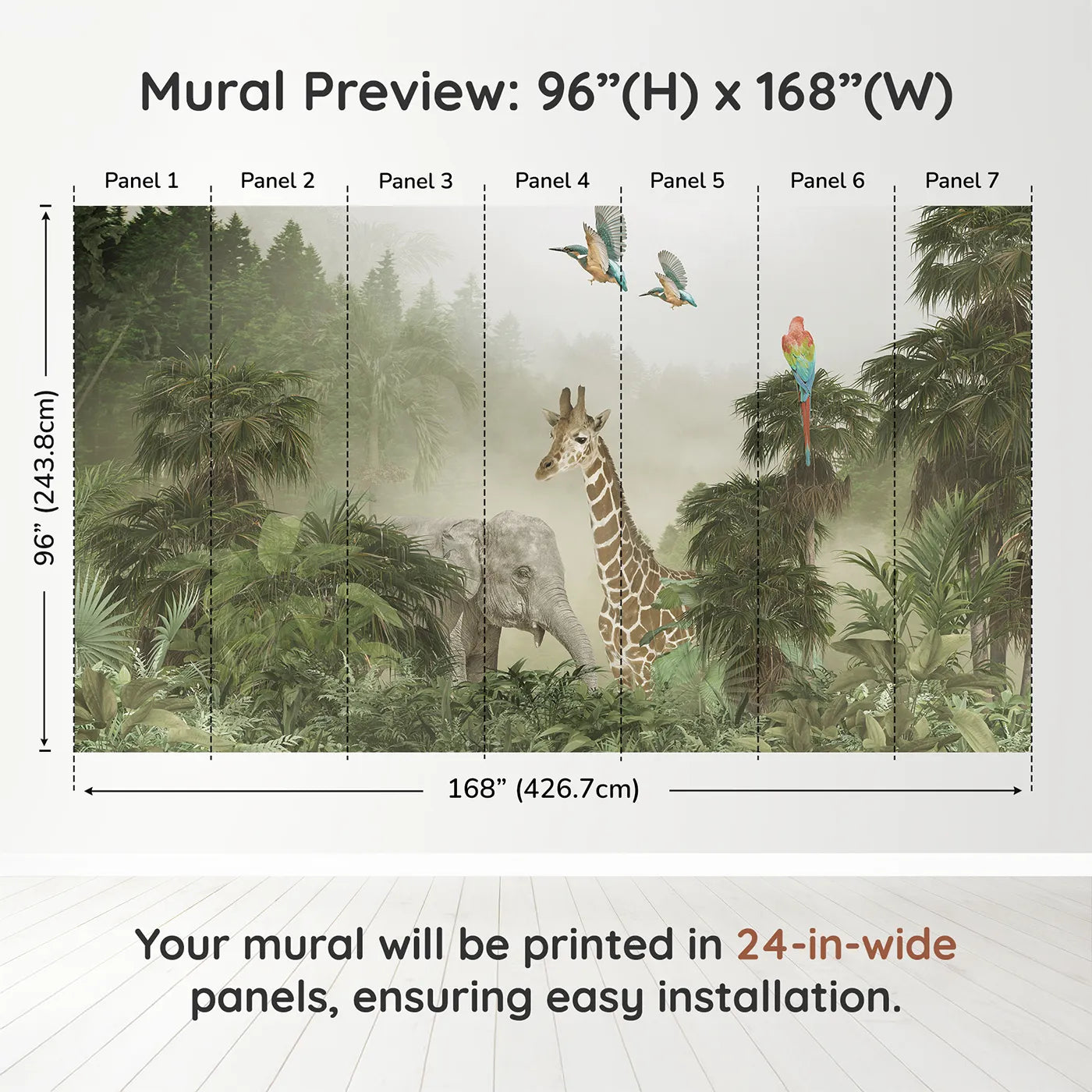 Whimsy Tots Misty Jungle Giants Wall Muraldimension view (96" H x 168" W). Printed in seven 24-inch-wide panels. Gender-Neutral