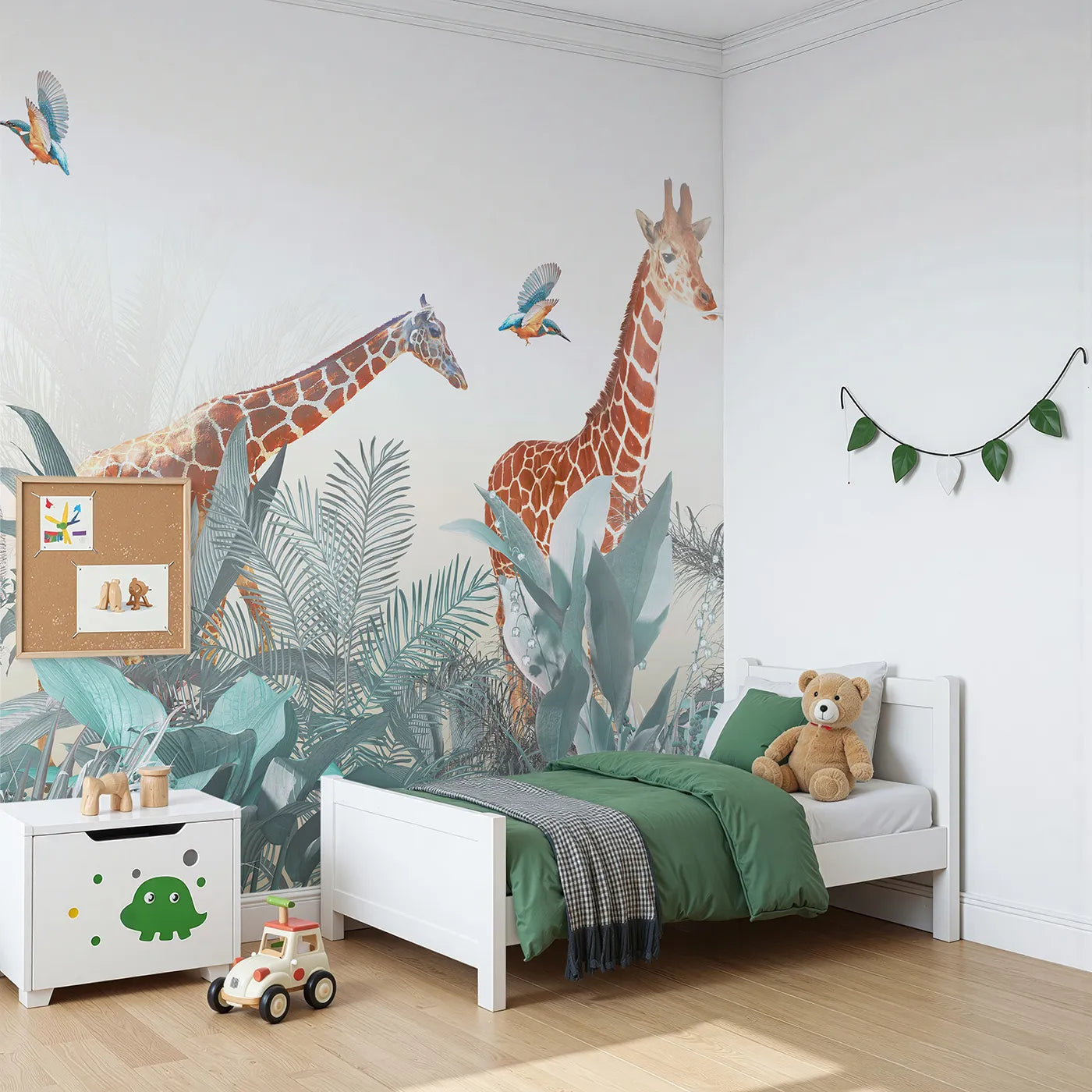 Angled view of Whimsy Tots' Jungle Friends Gathering Wall Mural in Teal (Turn Their Room into a Lively, Tropical Party).Gender-Neutral