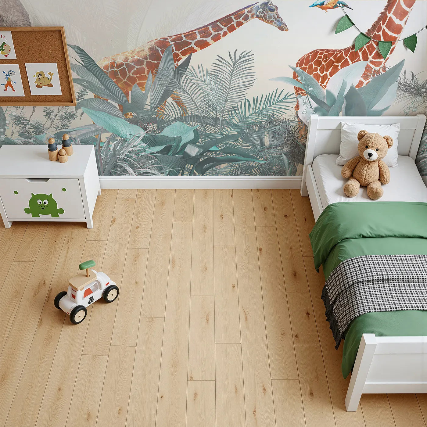 Top-down view of Whimsy Tots' Jungle Friends Gathering Wall Mural in Teal (Turn Their Room into a Lively, Tropical Party).Gender-Neutral
