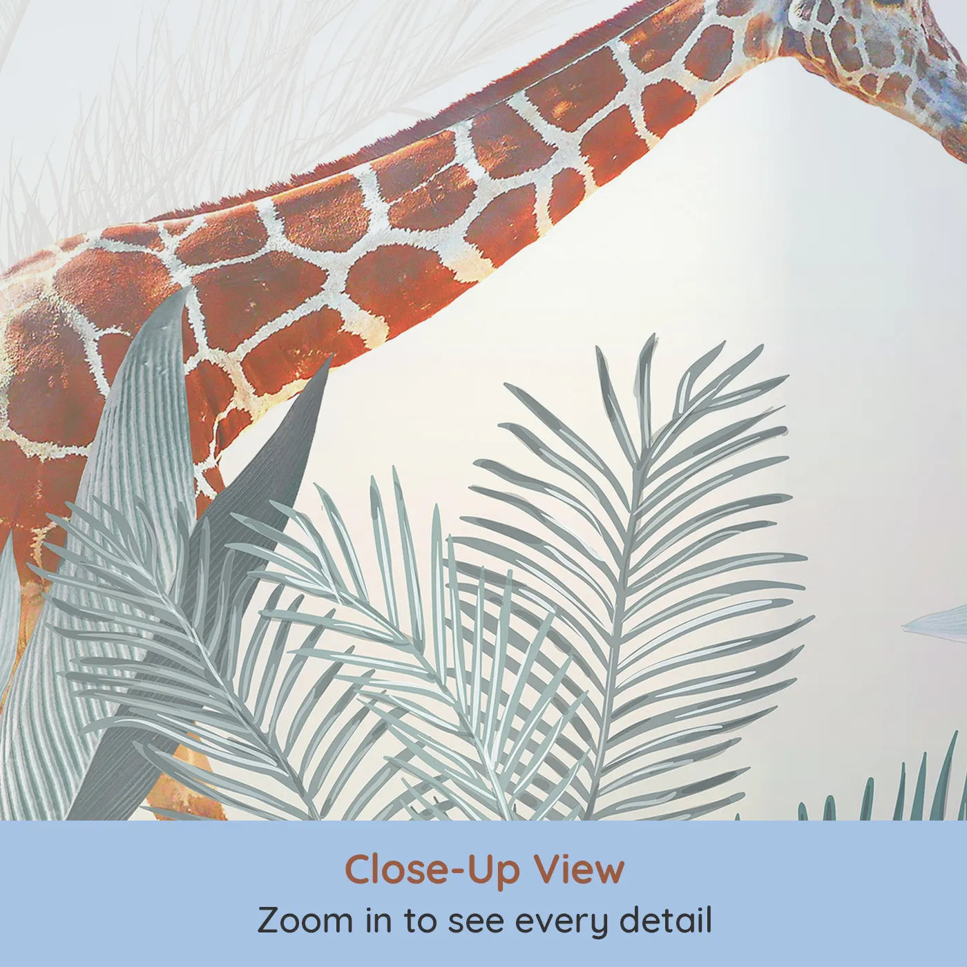 Close-up view of Whimsy Tots' Jungle Friends Gathering Wall Mural in Teal (Turn Their Room into a Lively, Tropical Party).Gender-Neutral