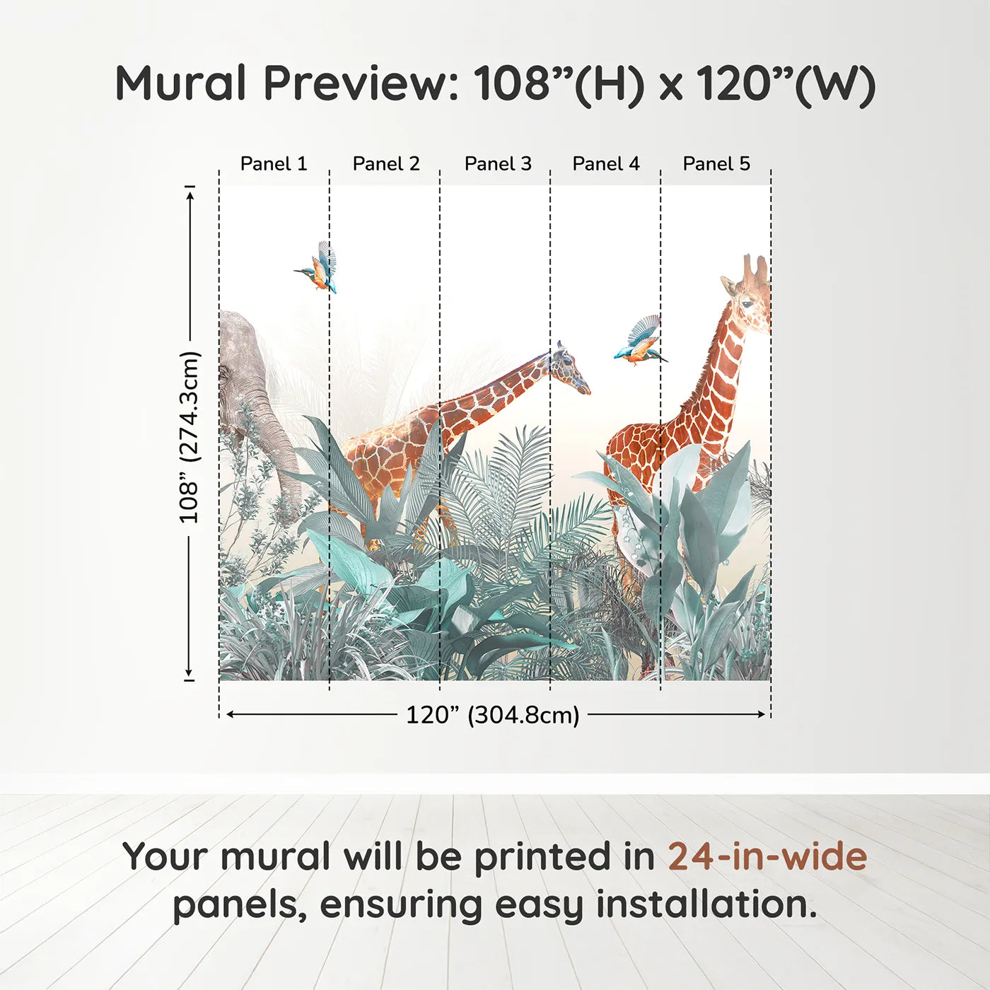 Whimsy Tots Jungle Friends Gathering Wall Mural in Tealdimension view (108" H x 120" W). Printed in five 24-inch-wide panels. Gender-Neutral