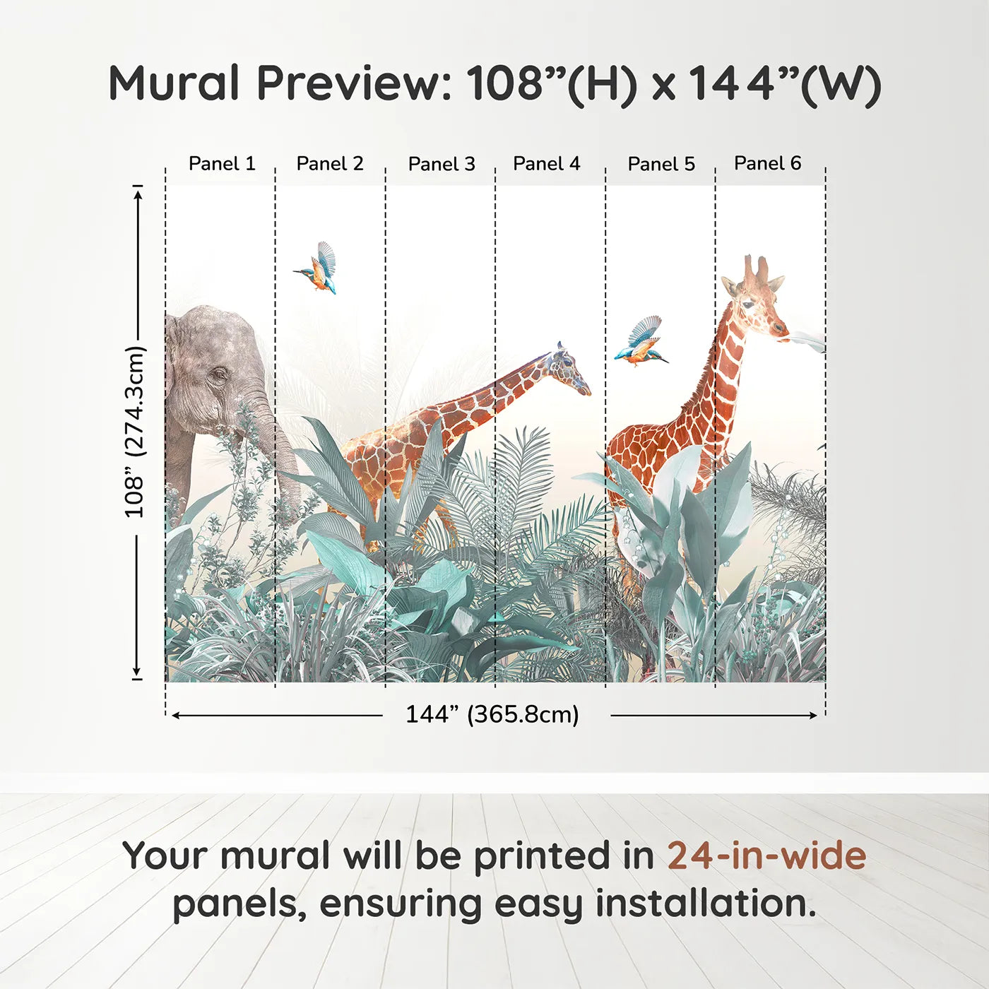 Whimsy Tots Jungle Friends Gathering Wall Mural in Tealdimension view (108" H x 144" W). Printed in six 24-inch-wide panels. Gender-Neutral