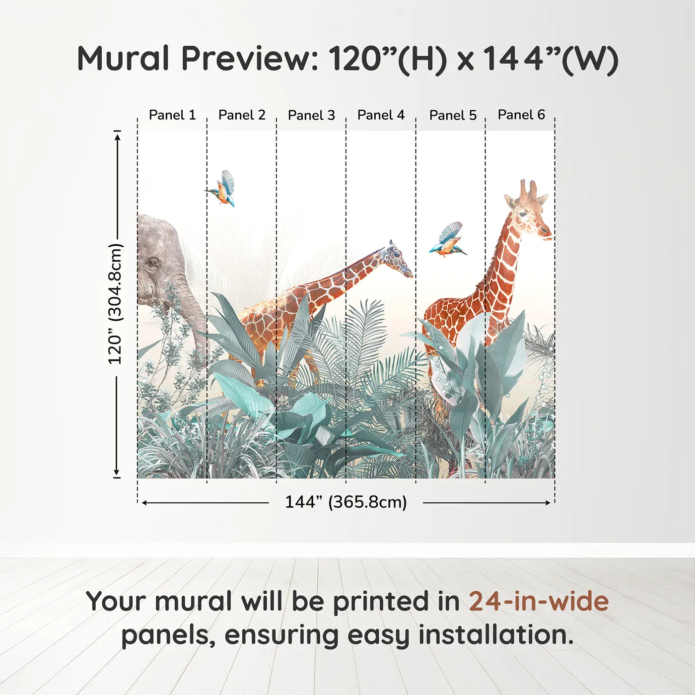 Whimsy Tots Jungle Friends Gathering Wall Mural in Tealdimension view (120" H x 144" W). Printed in six 24-inch-wide panels. Gender-Neutral