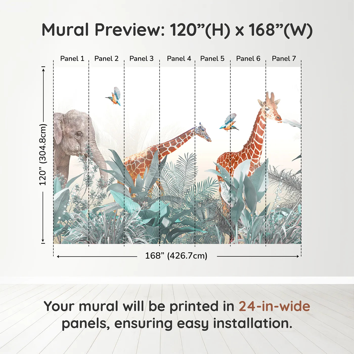 Whimsy Tots Jungle Friends Gathering Wall Mural in Tealdimension view (120" H x 168" W). Printed in seven 24-inch-wide panels. Gender-Neutral