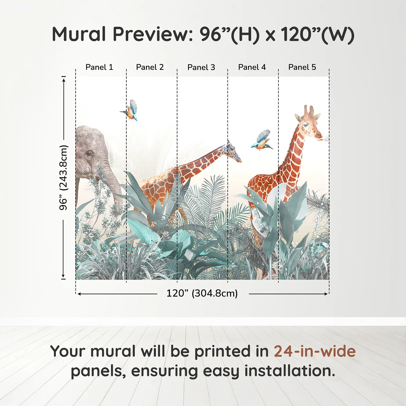 Whimsy Tots Jungle Friends Gathering Wall Mural in Tealdimension view (96" H x 120" W). Printed in five 24-inch-wide panels. Gender-Neutral