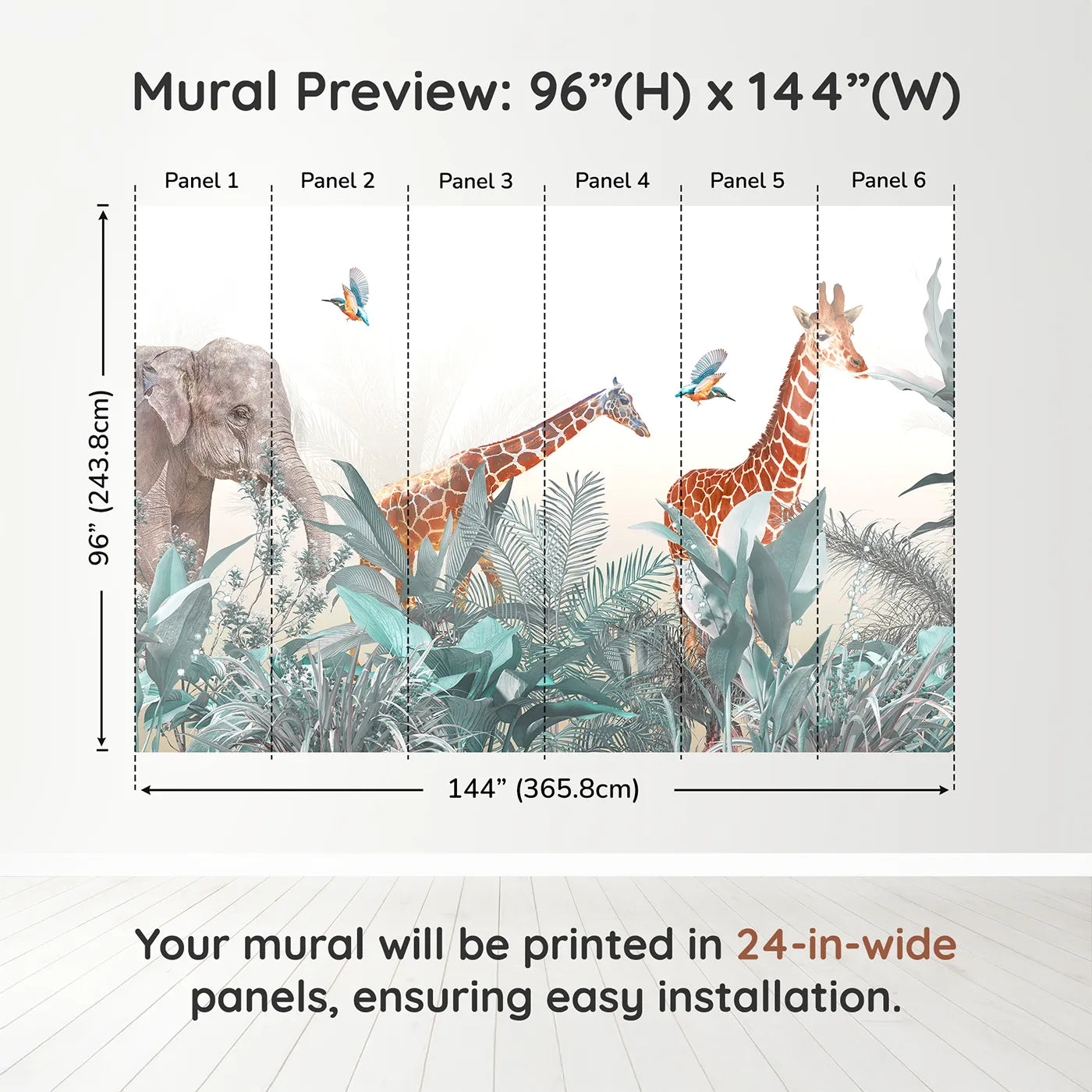 Whimsy Tots Jungle Friends Gathering Wall Mural in Tealdimension view (96" H x 144" W). Printed in six 24-inch-wide panels. Gender-Neutral