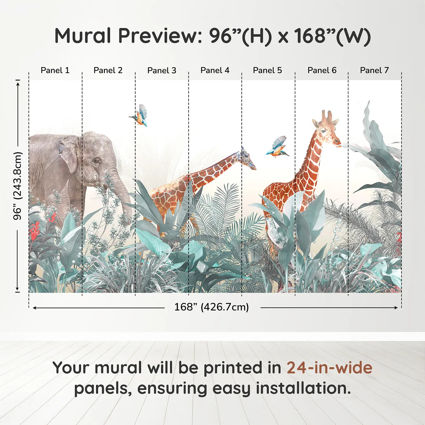 Whimsy Tots Jungle Friends Gathering Wall Mural in Tealdimension view (96" H x 168" W). Printed in seven 24-inch-wide panels. Gender-Neutral