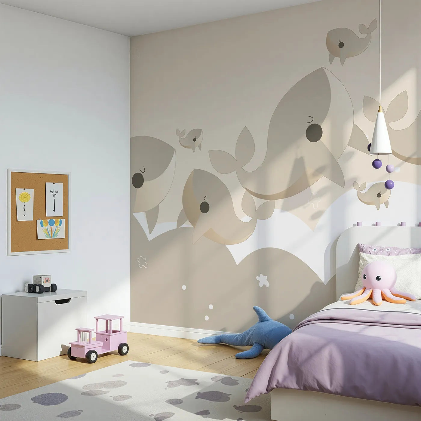 Angled view of Whimsy Tots' Flying Whale Family Wall Mural (Turn Their Room into a Gentle, Dreamy Sky-Ocean).Gender-Neutral