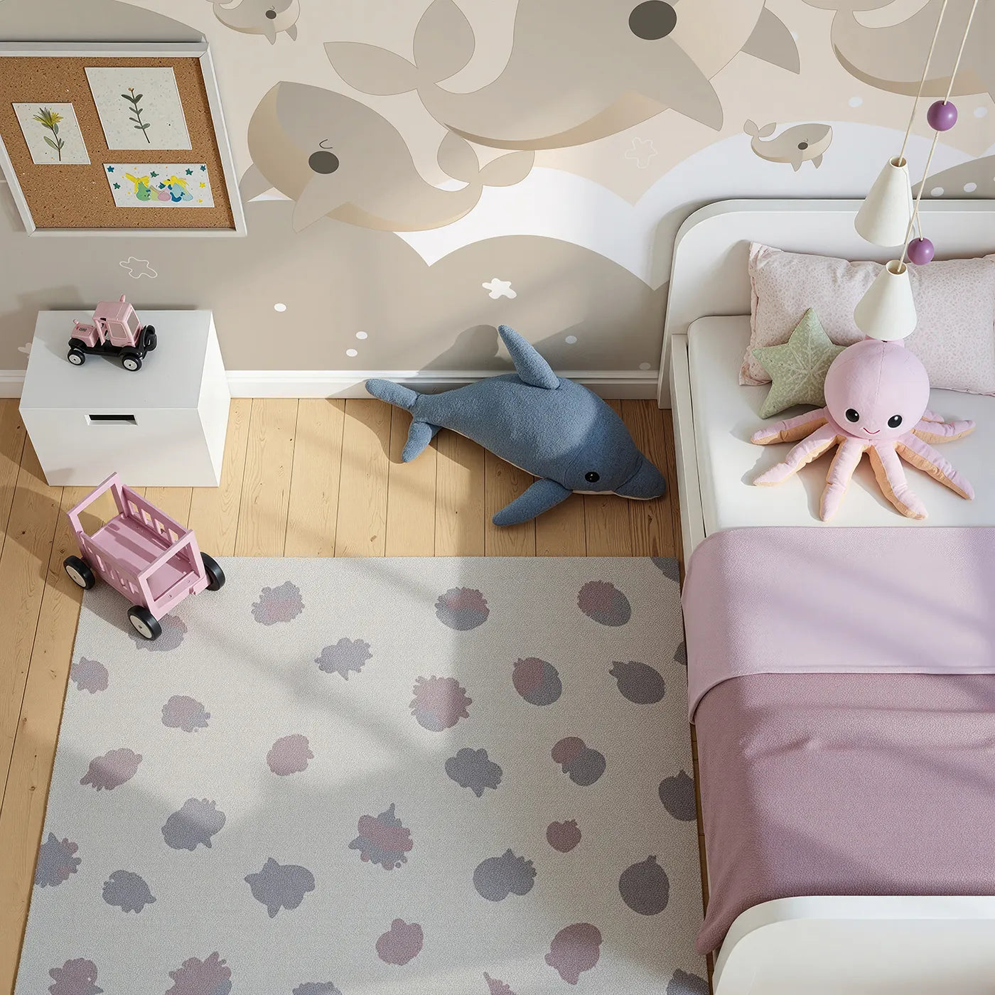 Top-down view of Whimsy Tots' Flying Whale Family Wall Mural (Turn Their Room into a Gentle, Dreamy Sky-Ocean).Gender-Neutral