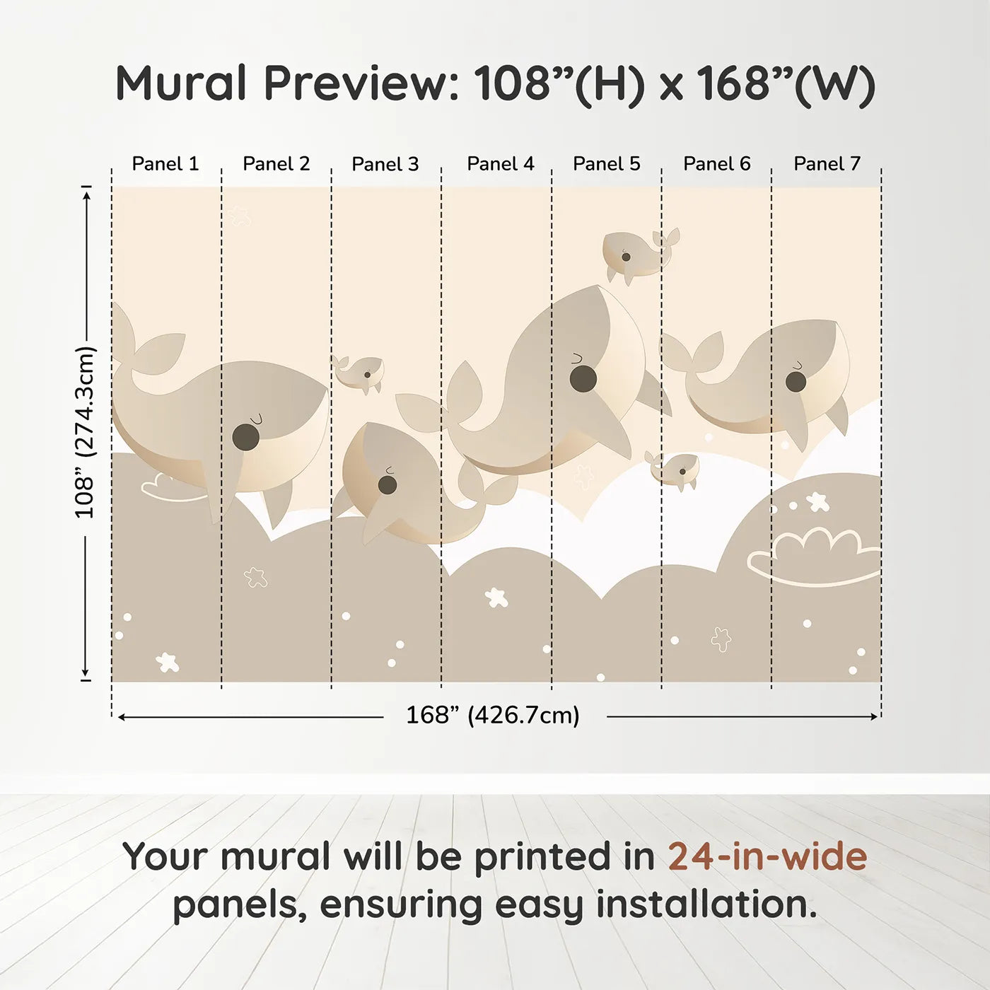 Whimsy Tots Flying Whale Family Wall Muraldimension view (108" H x 168" W). Printed in seven 24-inch-wide panels. Gender-Neutral