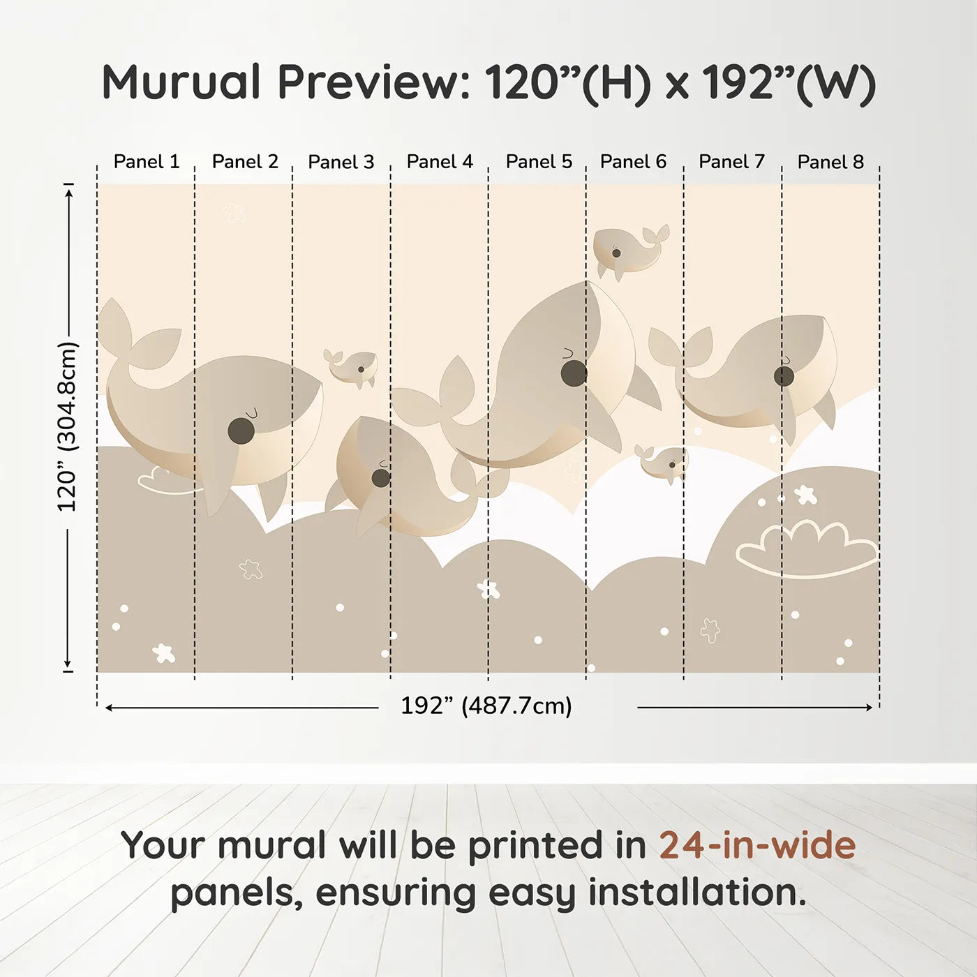 Whimsy Tots Flying Whale Family Wall Muraldimension view (120" H x 192" W). Printed in eight 24-inch-wide panels. Gender-Neutral