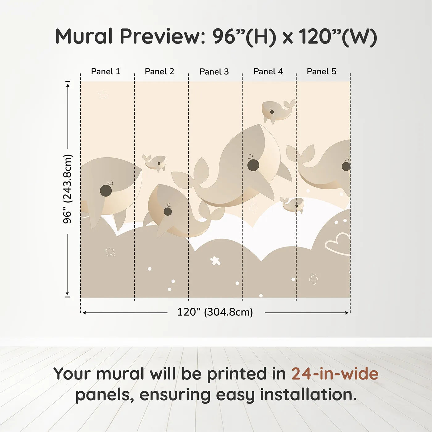 Whimsy Tots Flying Whale Family Wall Muraldimension view (96" H x 120" W). Printed in five 24-inch-wide panels. Gender-Neutral