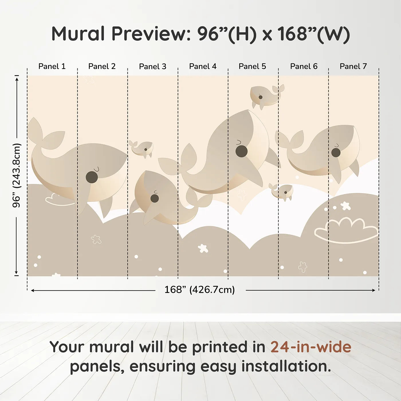 Whimsy Tots Flying Whale Family Wall Muraldimension view (96" H x 168" W). Printed in seven 24-inch-wide panels. Gender-Neutral