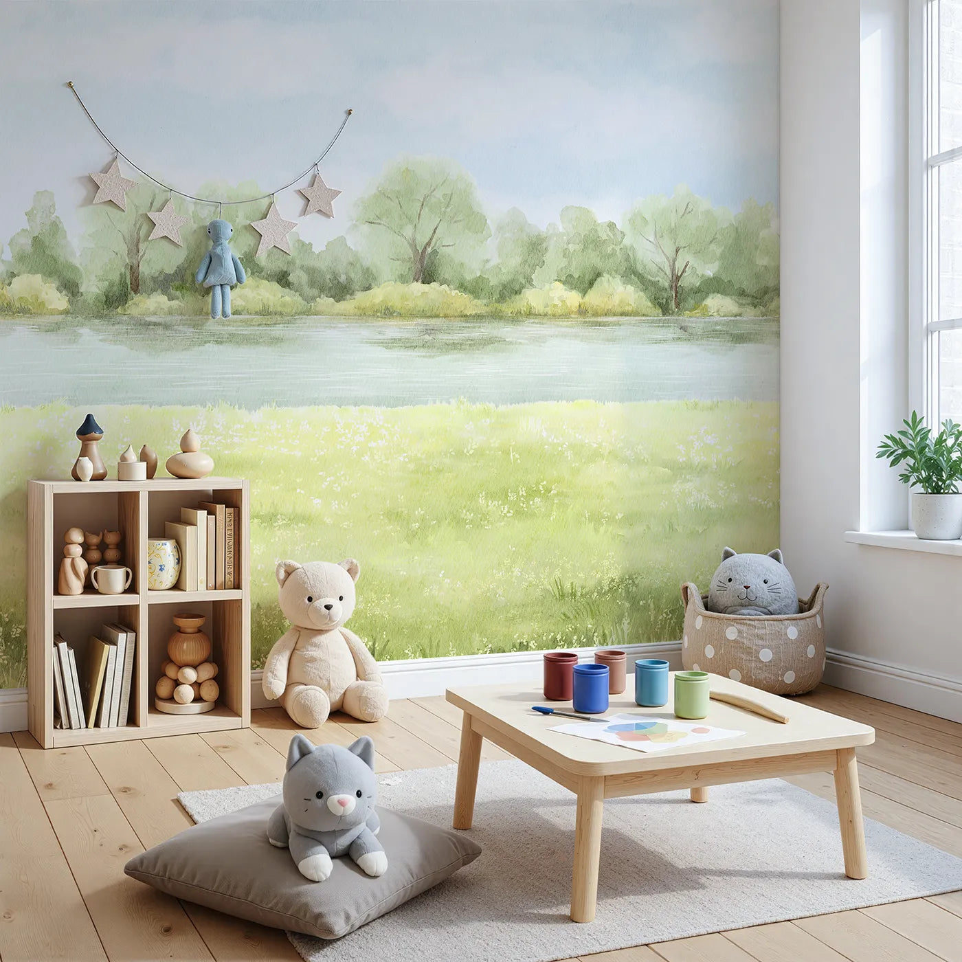 Angled view of Whimsy Tots' Summer Meadow Wall Mural (Turn Their Room into a Peaceful, Painted Landscape).Gender-Neutral