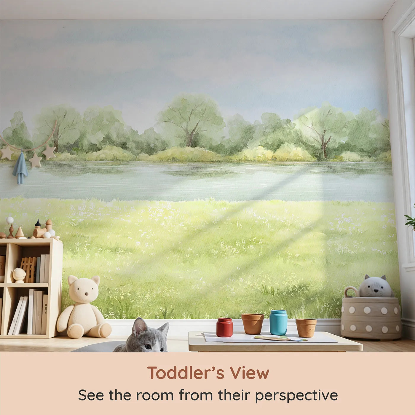 Whimsy Tots Summer Meadow Wall Mural (Turn Their Room into a Peaceful, Painted Landscape) from your child's view.Gender-Neutral