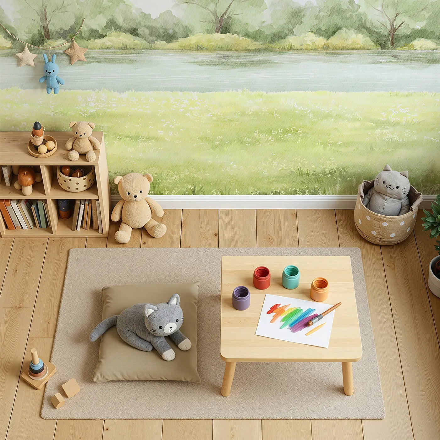 Top-down view of Whimsy Tots' Summer Meadow Wall Mural (Turn Their Room into a Peaceful, Painted Landscape).Gender-Neutral