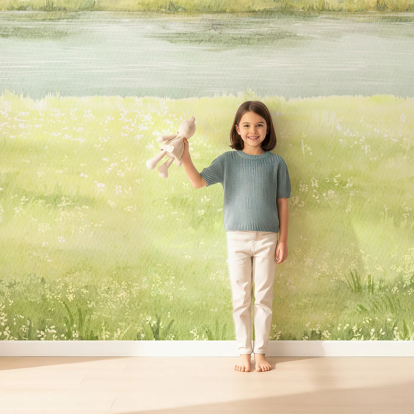 Child in front of Whimsy Tots Summer Meadow Wall Mural with meadow, river, landscape, summer, green, watercolor, nature, calm in design.