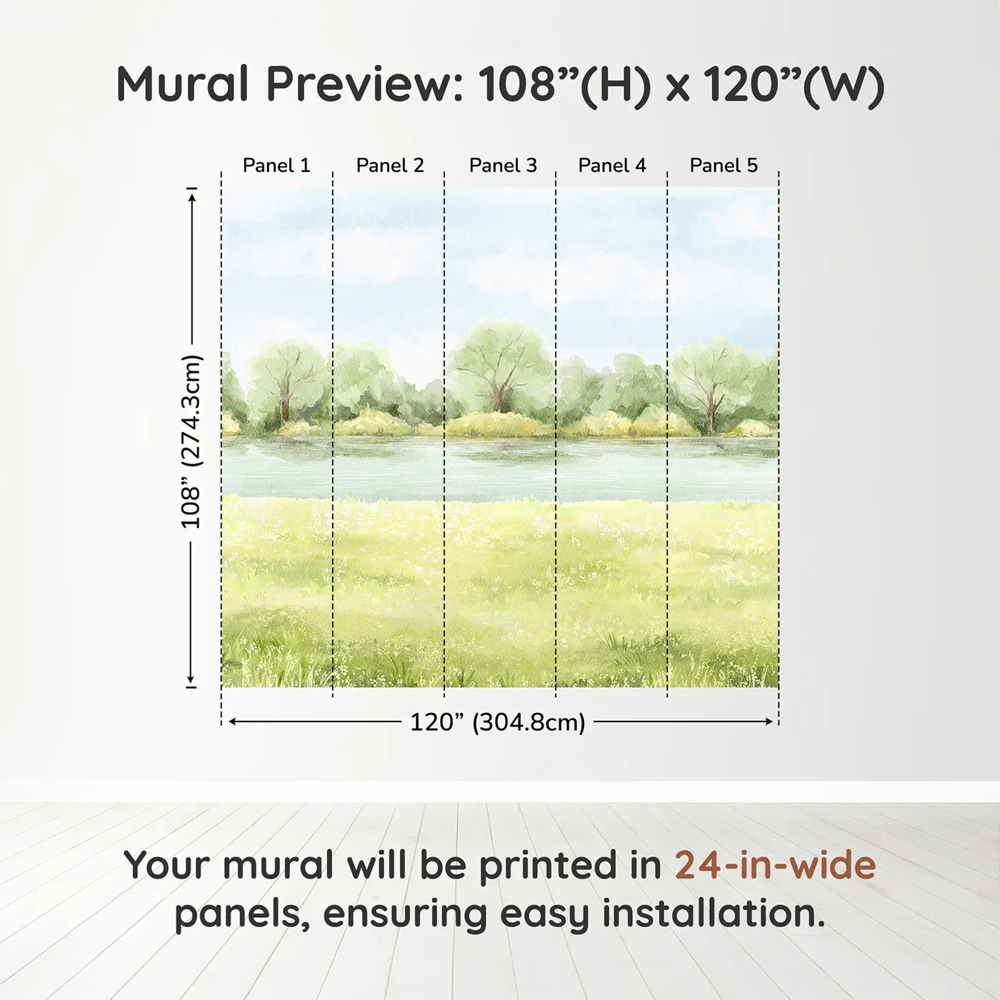 Whimsy Tots Summer Meadow Wall Muraldimension view (108" H x 120" W). Printed in five 24-inch-wide panels. Gender-Neutral