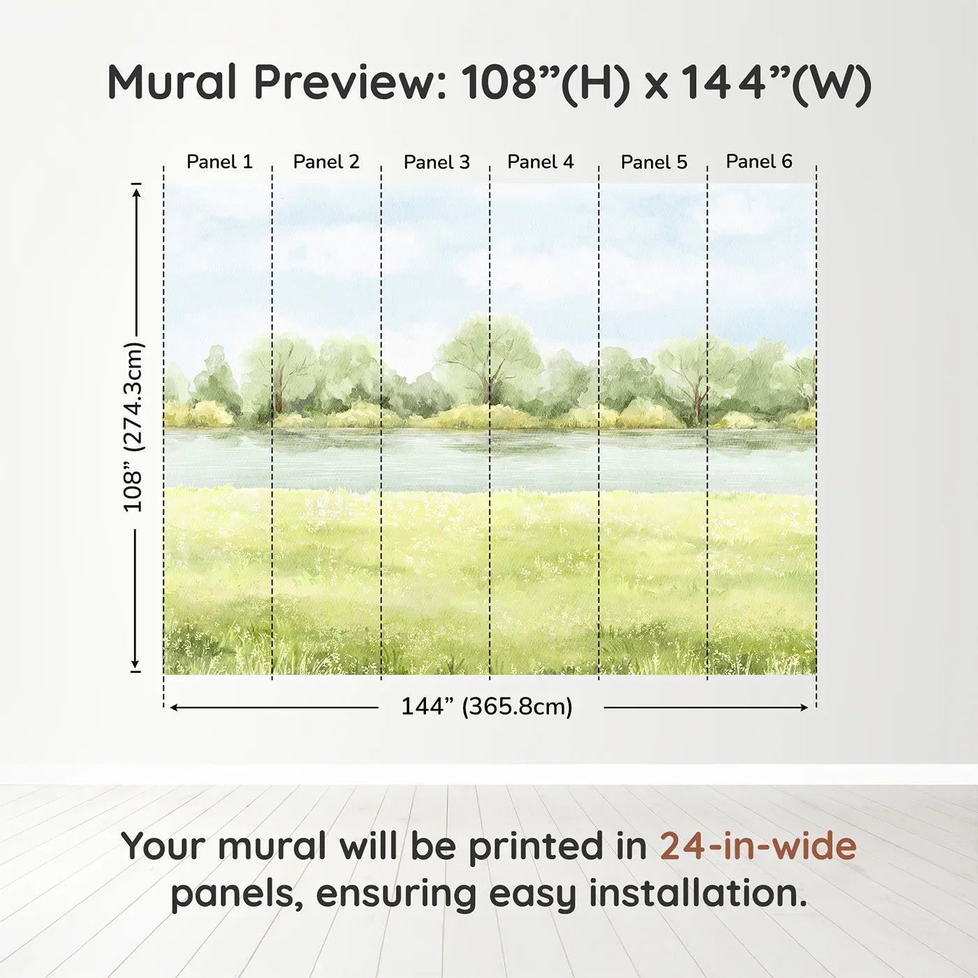 Whimsy Tots Summer Meadow Wall Muraldimension view (108" H x 144" W). Printed in six 24-inch-wide panels. Gender-Neutral