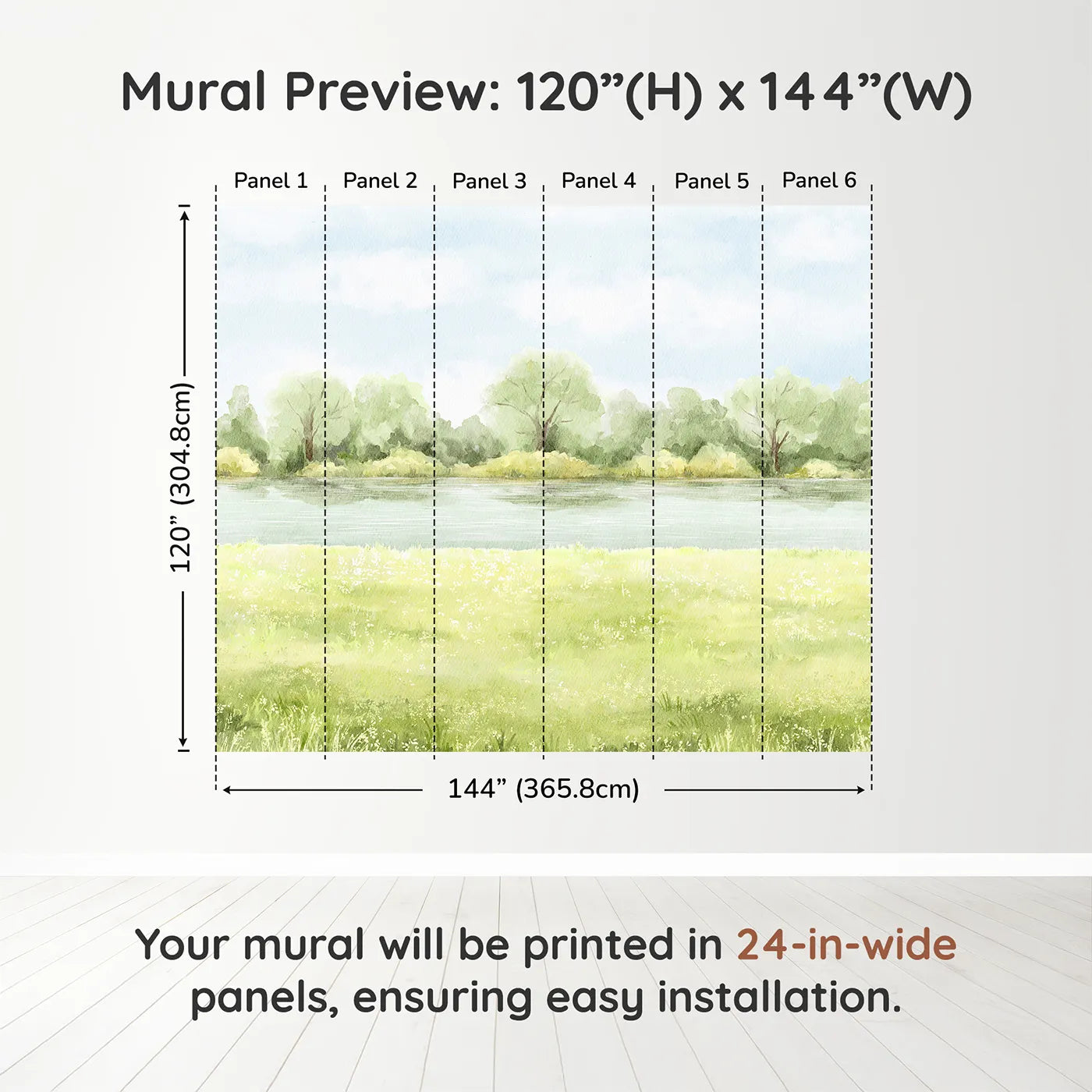 Whimsy Tots Summer Meadow Wall Muraldimension view (120" H x 144" W). Printed in six 24-inch-wide panels. Gender-Neutral