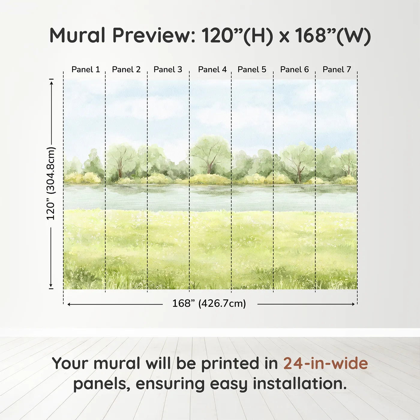 Whimsy Tots Summer Meadow Wall Muraldimension view (120" H x 168" W). Printed in seven 24-inch-wide panels. Gender-Neutral