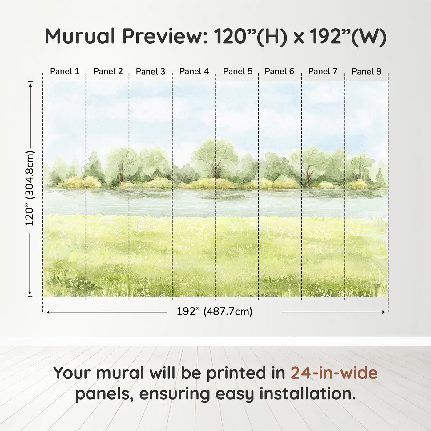Whimsy Tots Summer Meadow Wall Muraldimension view (120" H x 192" W). Printed in eight 24-inch-wide panels. Gender-Neutral