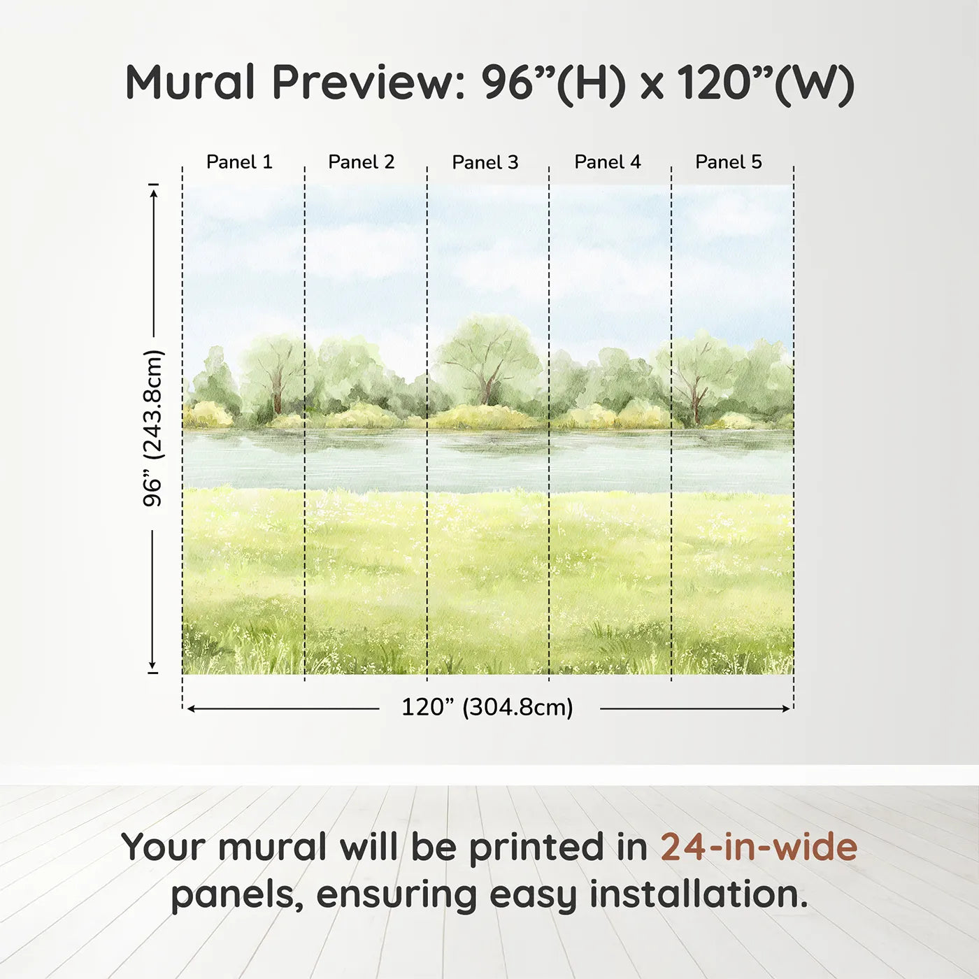 Whimsy Tots Summer Meadow Wall Muraldimension view (96" H x 120" W). Printed in five 24-inch-wide panels. Gender-Neutral