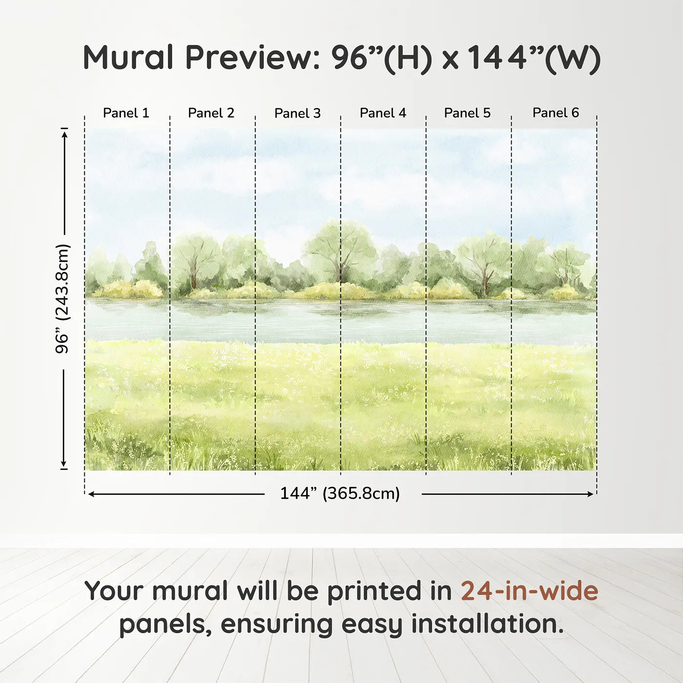 Whimsy Tots Summer Meadow Wall Muraldimension view (96" H x 144" W). Printed in six 24-inch-wide panels. Gender-Neutral