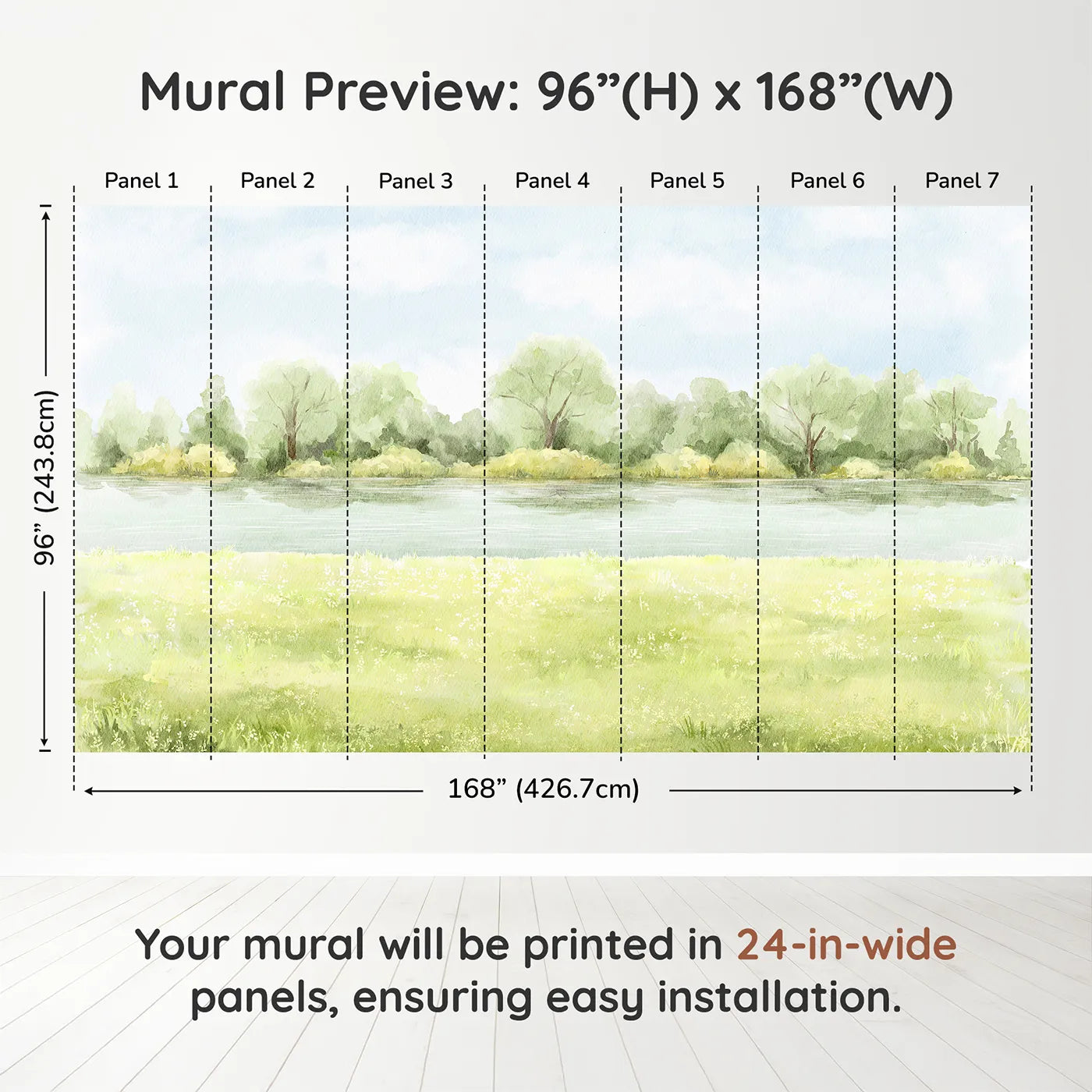 Whimsy Tots Summer Meadow Wall Muraldimension view (96" H x 168" W). Printed in seven 24-inch-wide panels. Gender-Neutral