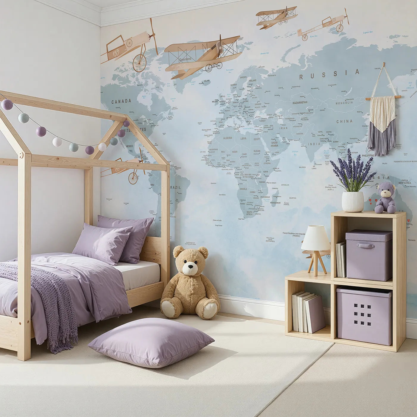 Angled view of Whimsy Tots' Vintage Aviator World Map Wall Mural in Blue (Turn Their Room into a Classic Explorer's Chart Room).Gender-Neutral