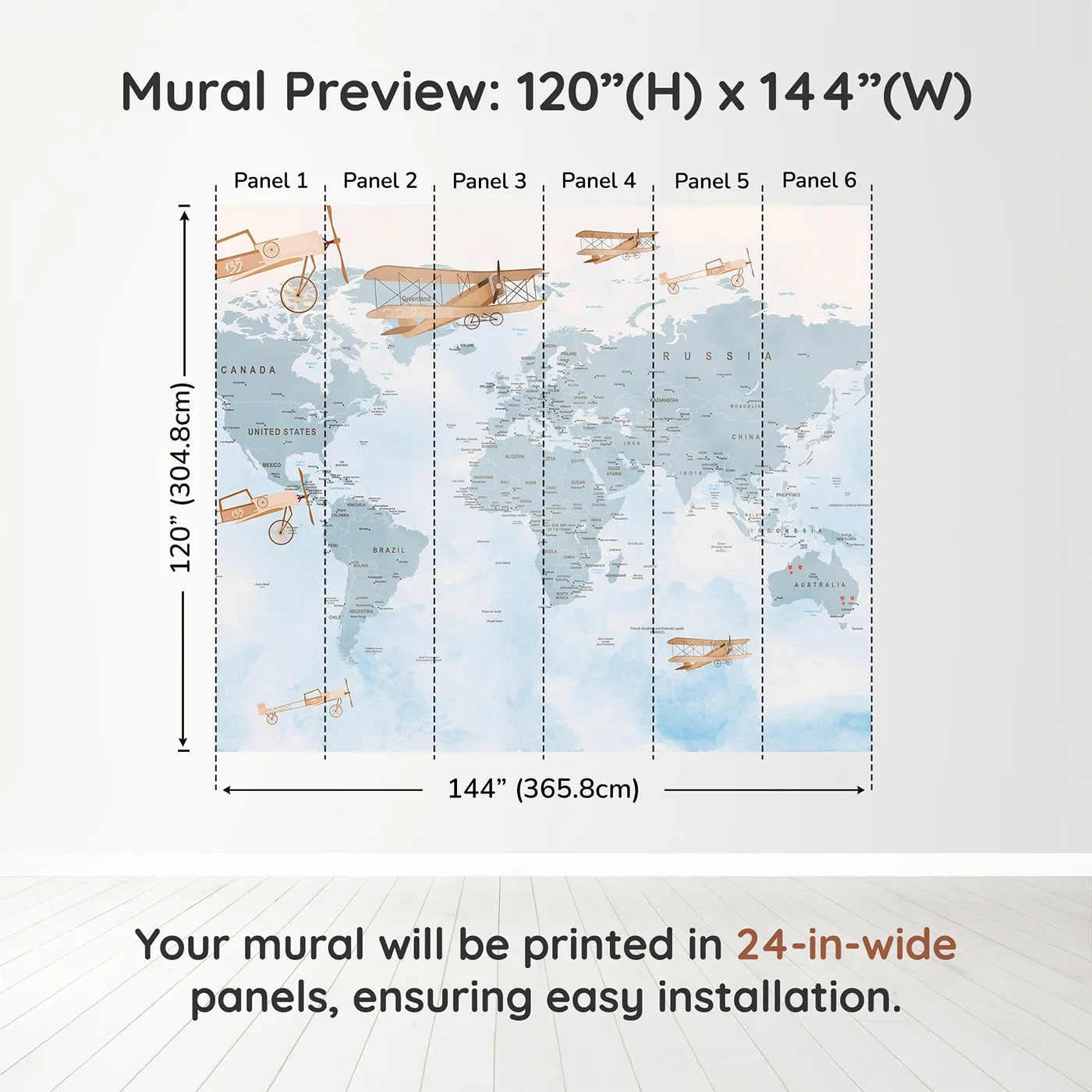 Whimsy Tots Vintage Aviator World Map Wall Mural in Bluedimension view (120" H x 144" W). Printed in six 24-inch-wide panels. Gender-Neutral