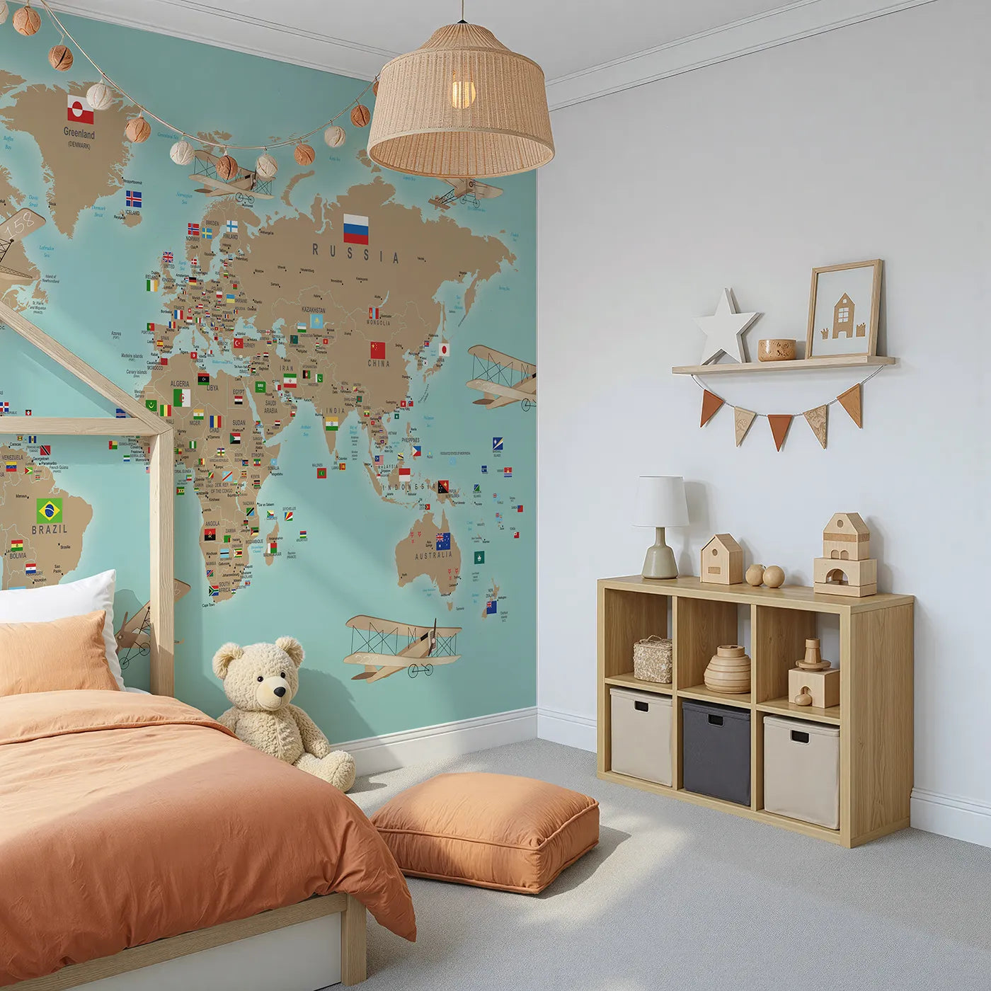 Angled view of Whimsy Tots' Vintage Aviator World Map with Flags Wall Mural (Turn Their Room into a Grand, Old-World Air Show).Gender-Neutral