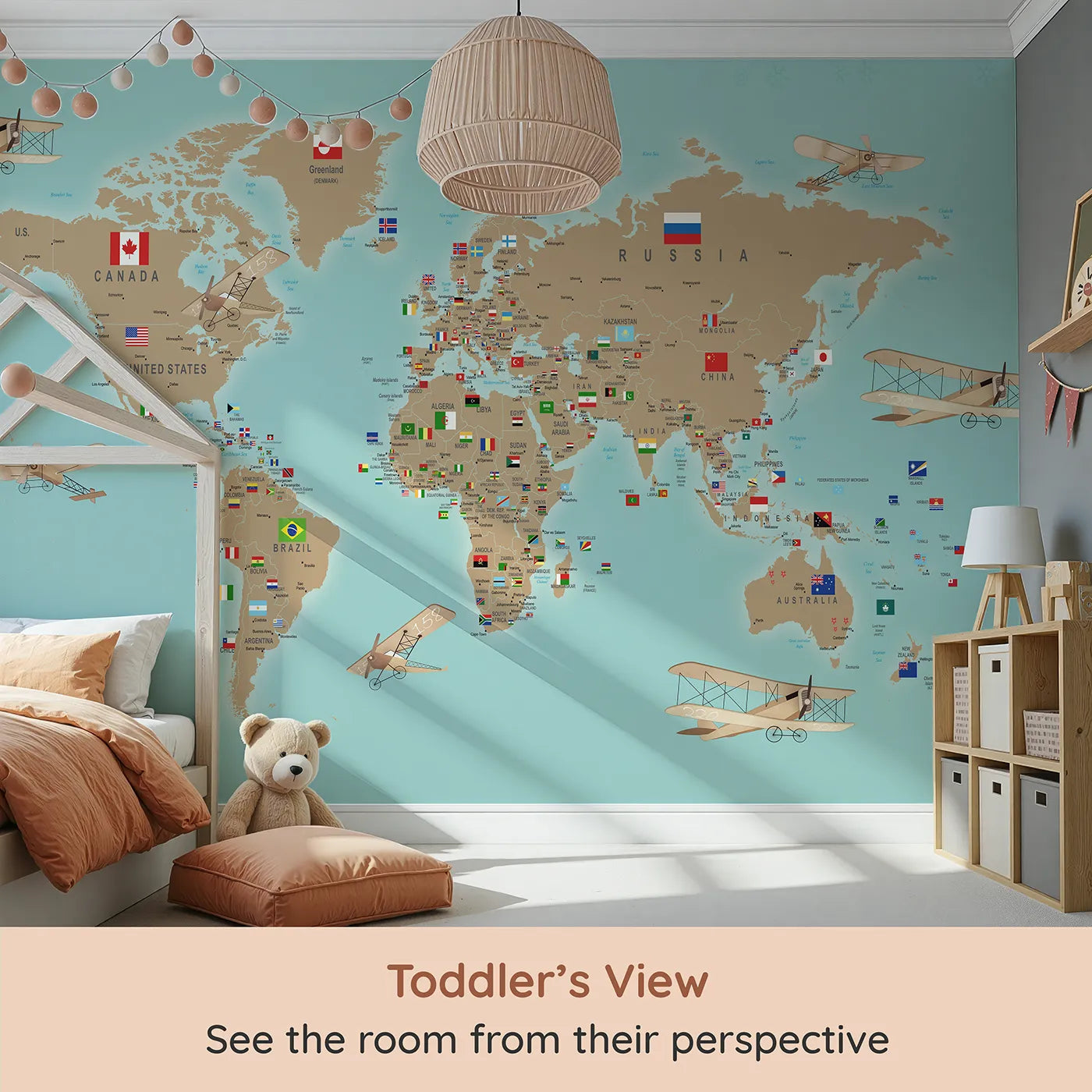 Whimsy Tots Vintage Aviator World Map with Flags Wall Mural (Turn Their Room into a Grand, Old-World Air Show) from your child's view.Gender-Neutral