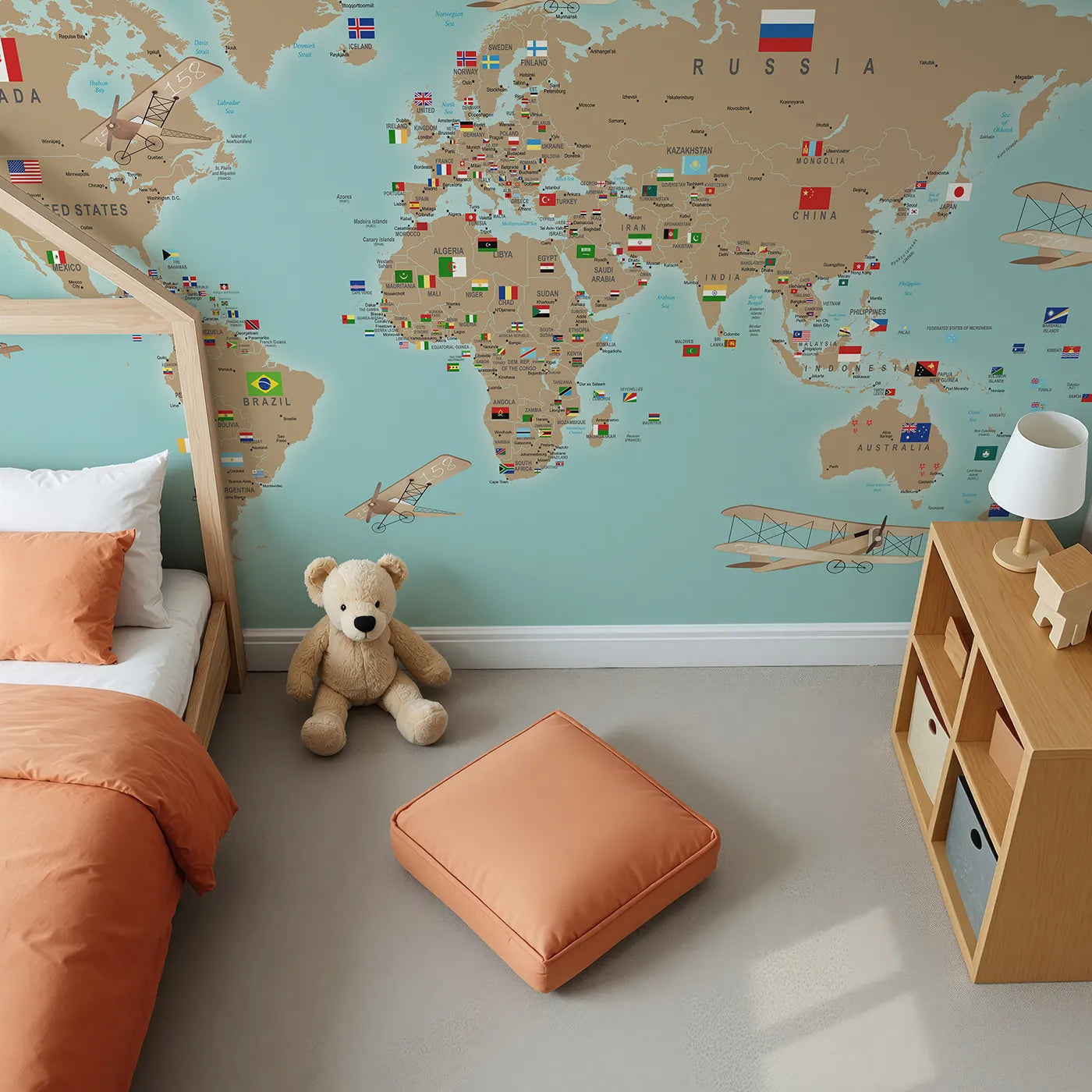 Top-down view of Whimsy Tots' Vintage Aviator World Map with Flags Wall Mural (Turn Their Room into a Grand, Old-World Air Show).Gender-Neutral