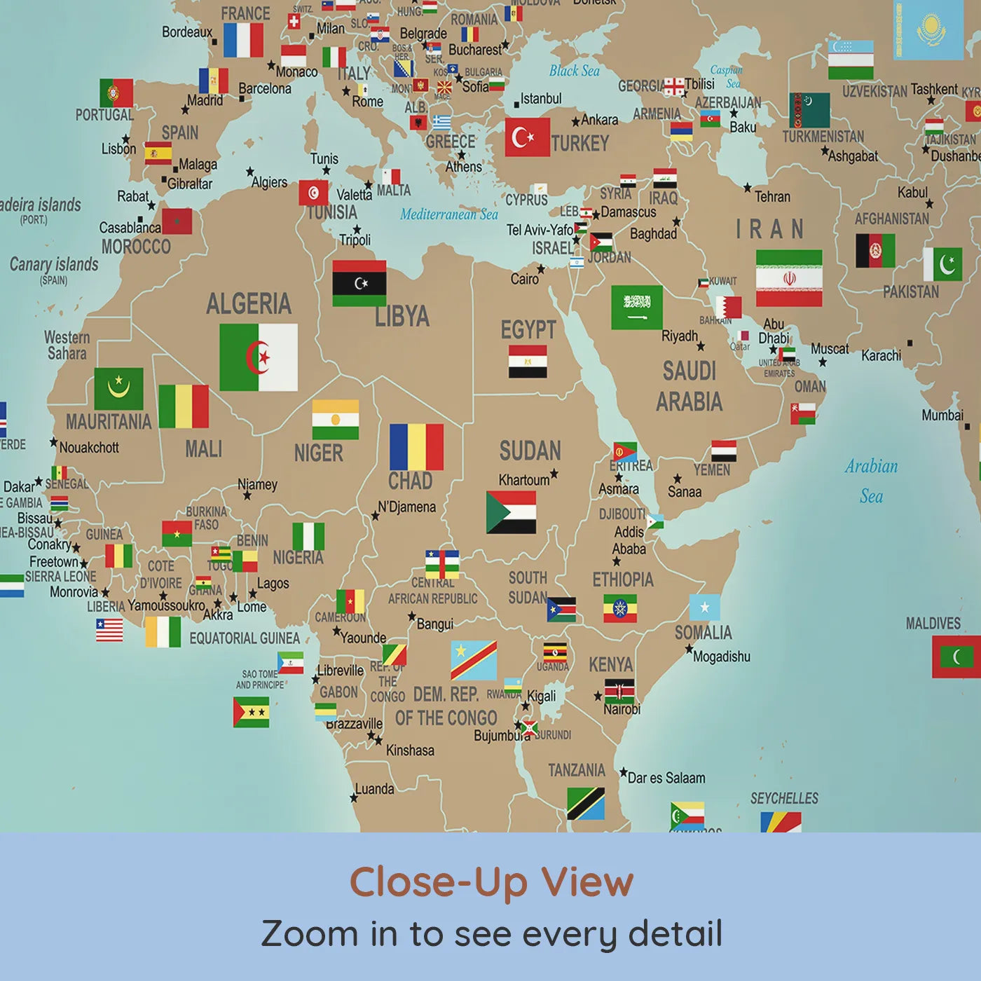 Close-up view of Whimsy Tots' Vintage Aviator World Map with Flags Wall Mural (Turn Their Room into a Grand, Old-World Air Show).Gender-Neutral