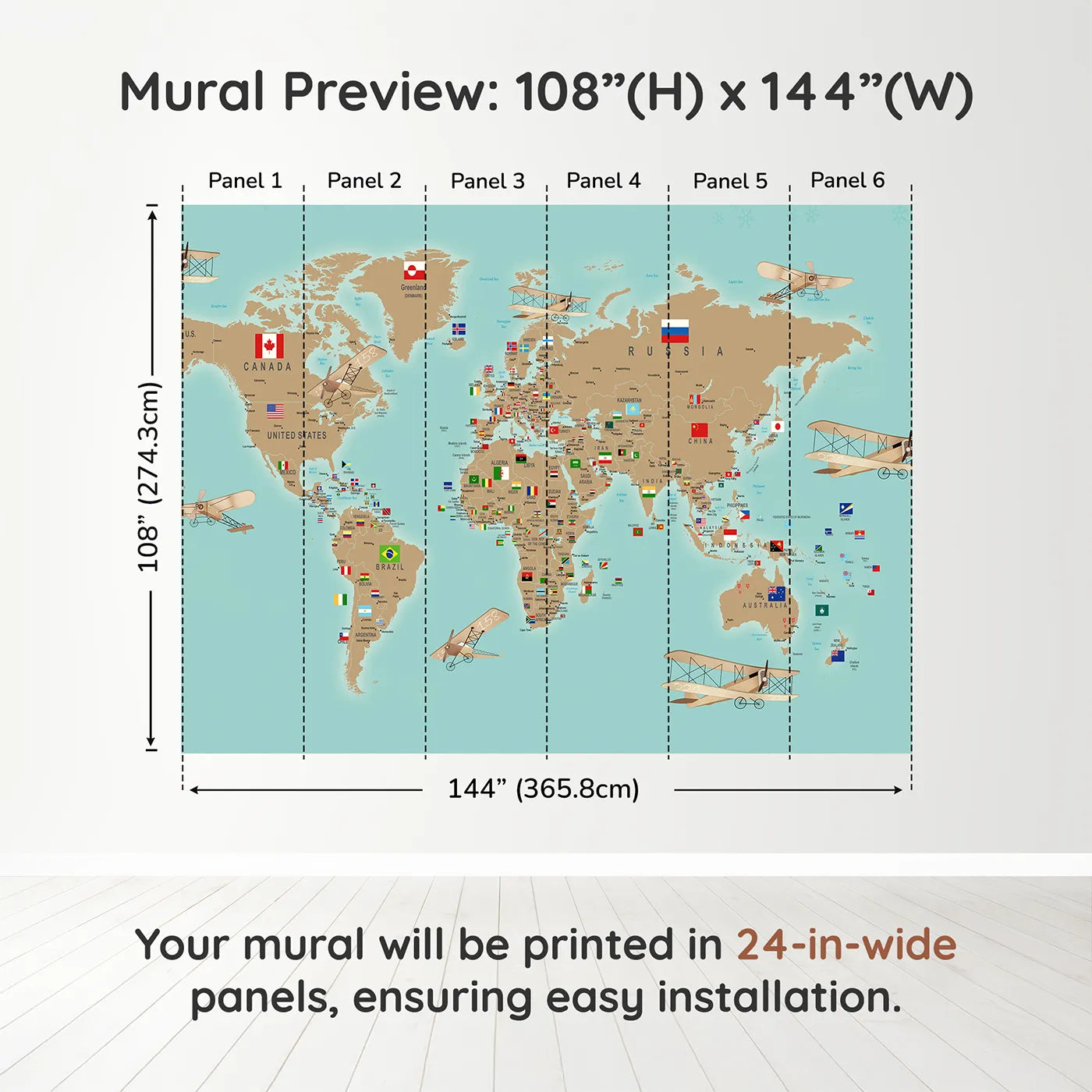 Whimsy Tots Vintage Aviator World Map with Flags Wall Muraldimension view (108" H x 144" W). Printed in six 24-inch-wide panels. Gender-Neutral