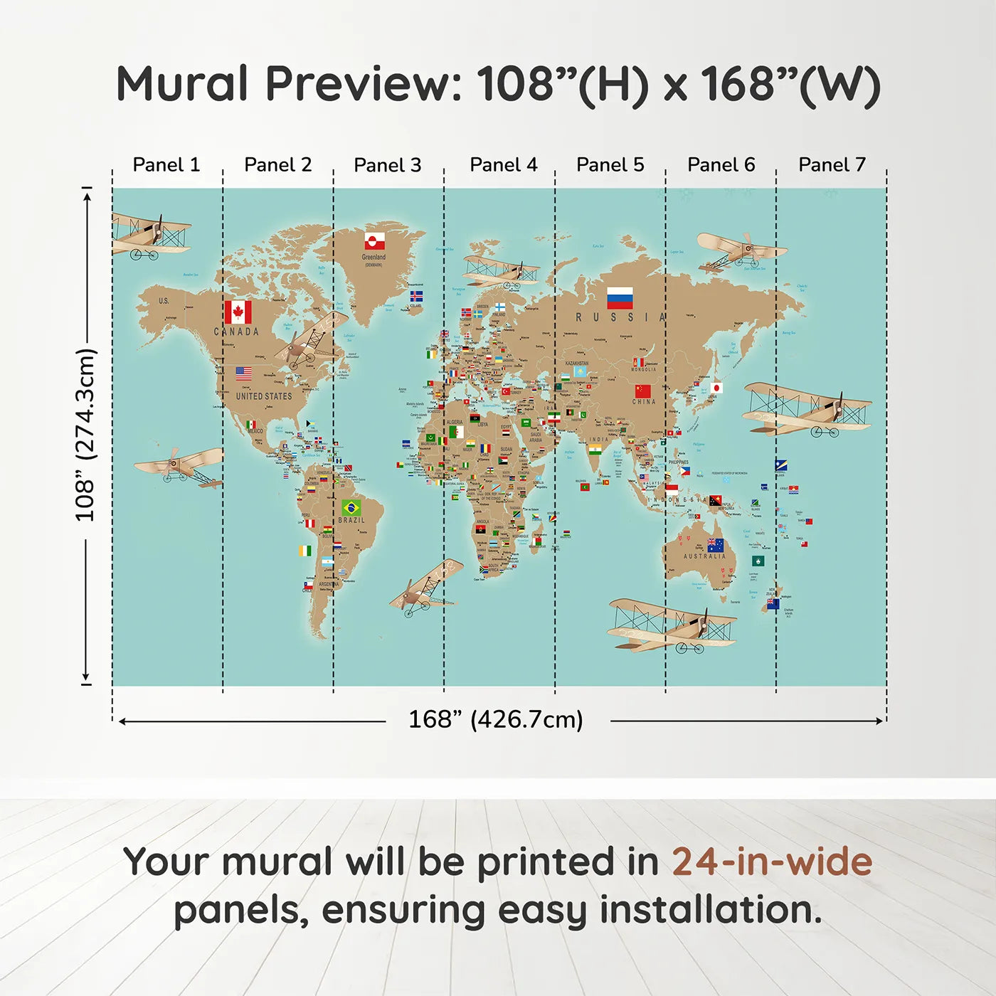 Whimsy Tots Vintage Aviator World Map with Flags Wall Muraldimension view (108" H x 168" W). Printed in seven 24-inch-wide panels. Gender-Neutral